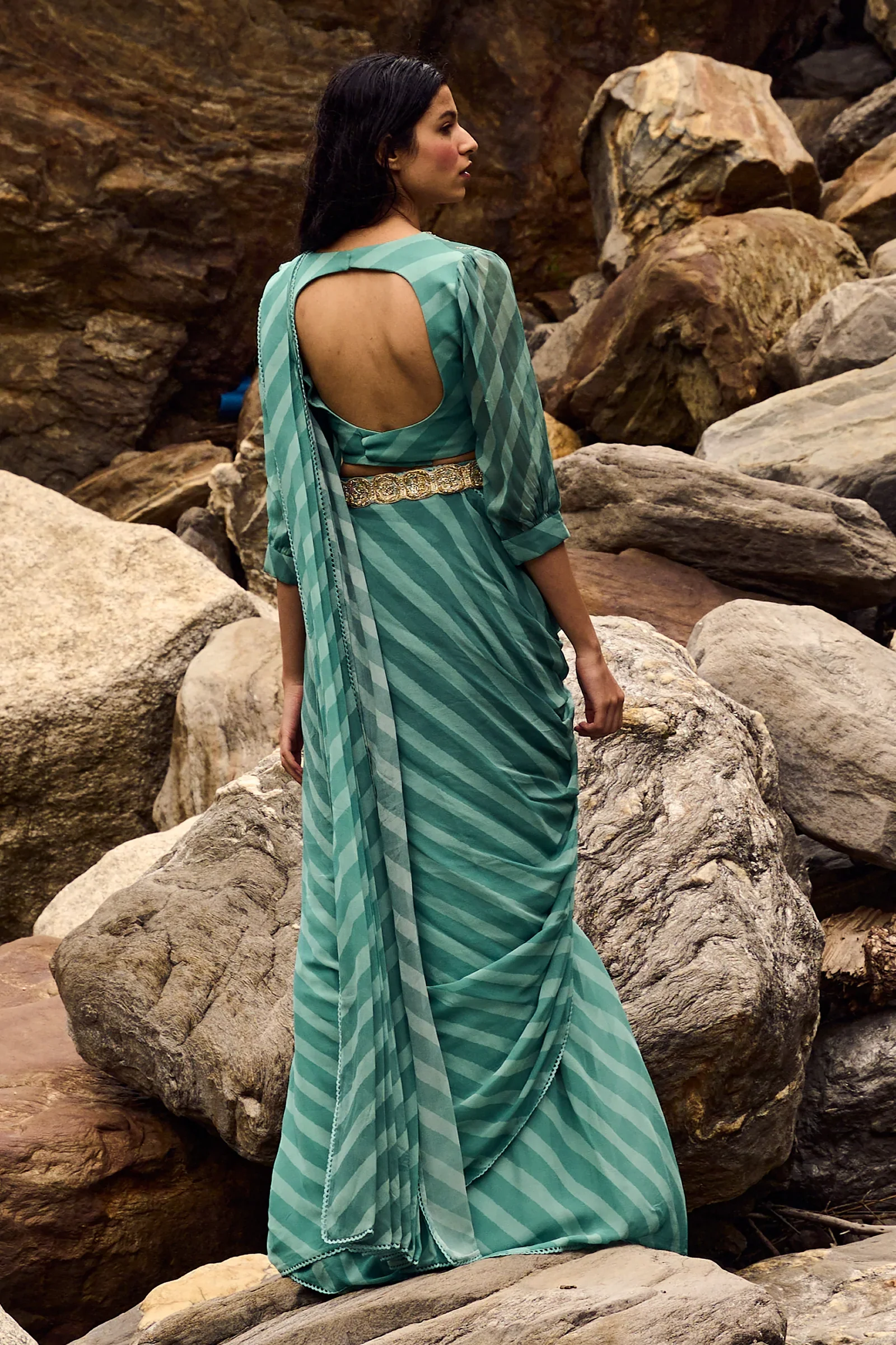 Teapot Blue Leheriya Pre–Draped Georgette Saree Set - Image 2
