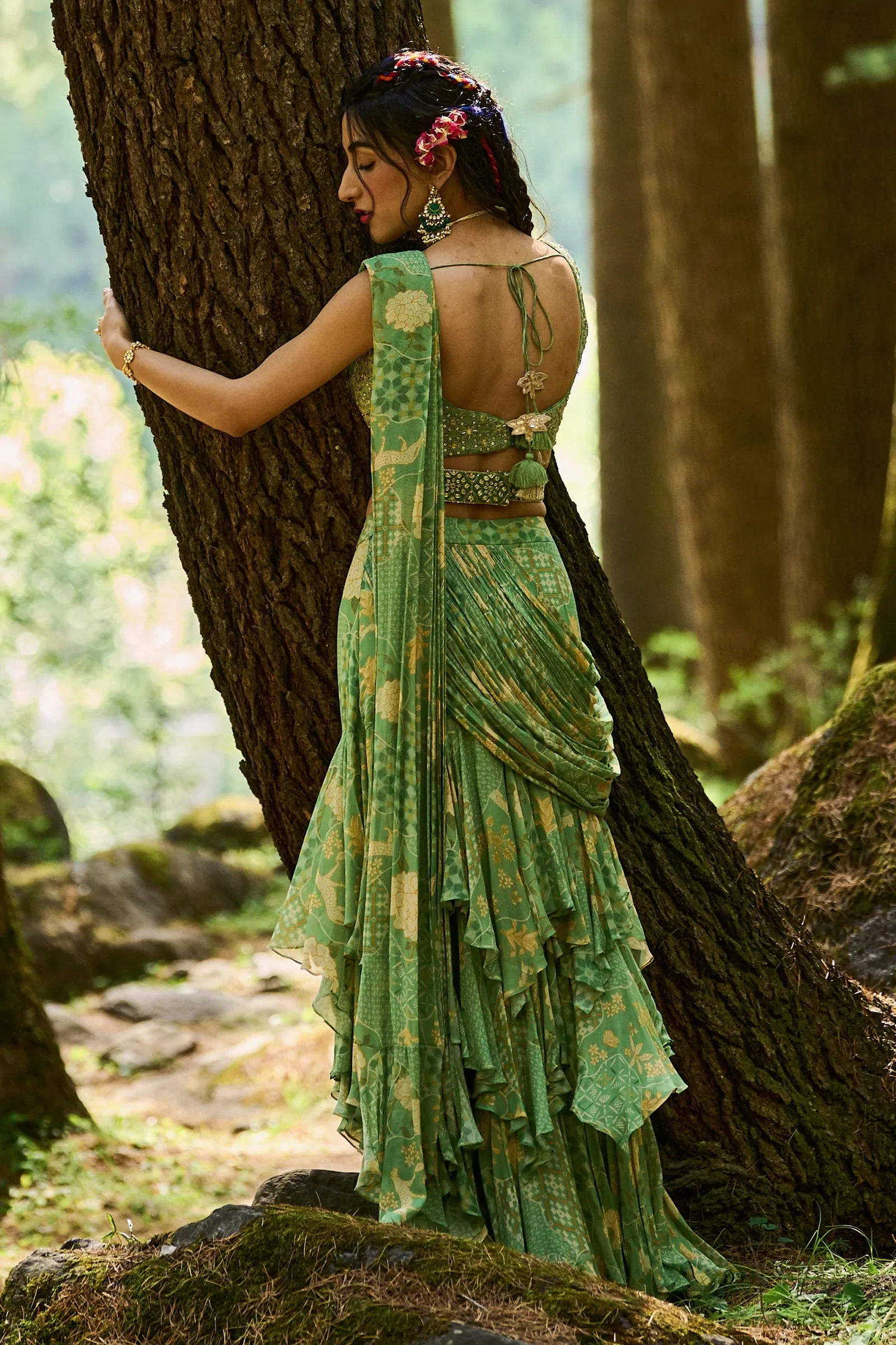 Fern Green Naksha Print Pre Draped Asymmetric Layered Saree Set - Image 2