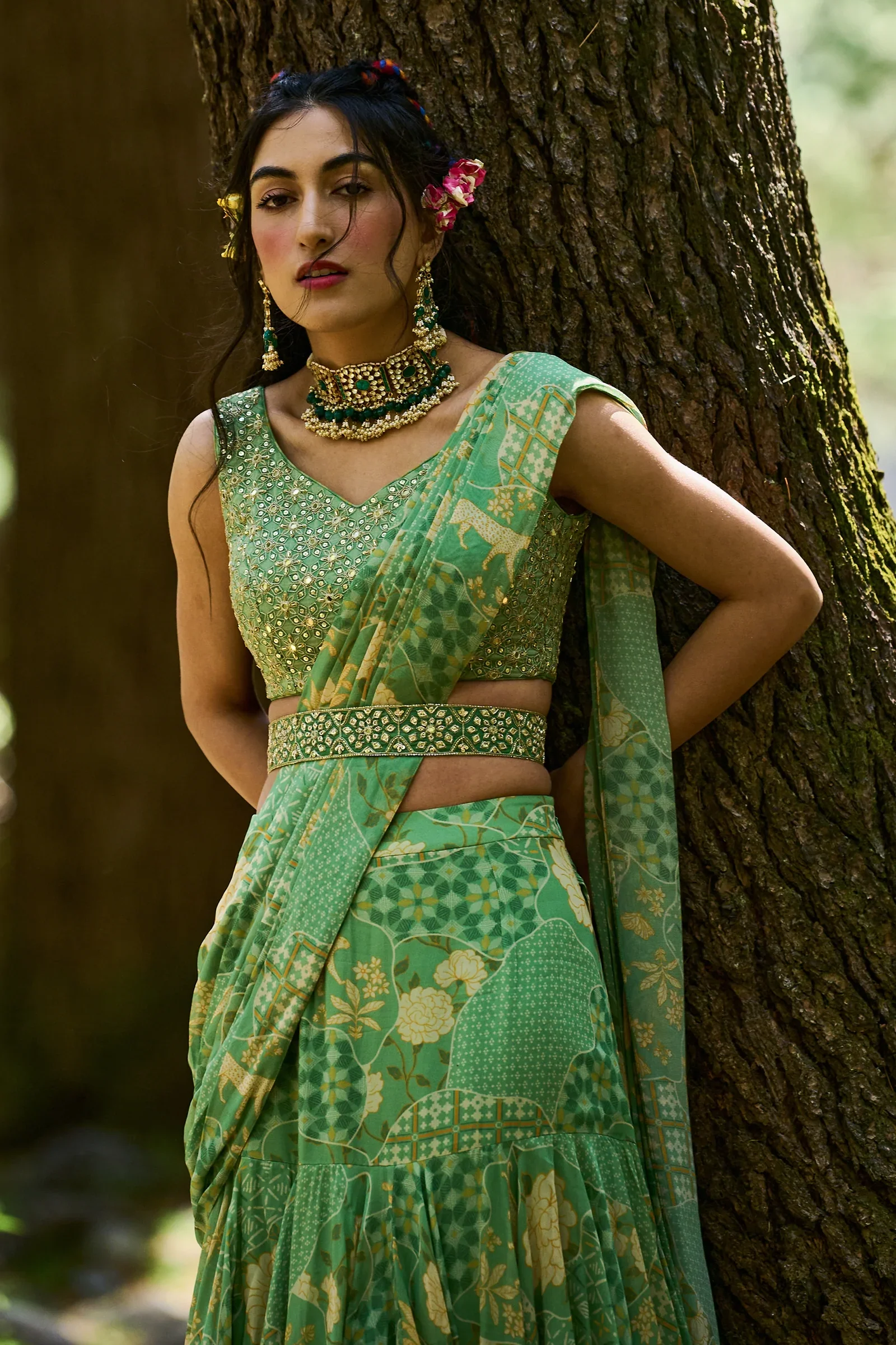 Fern Green Naksha Print Pre Draped Asymmetric Layered Saree Set - Image 3