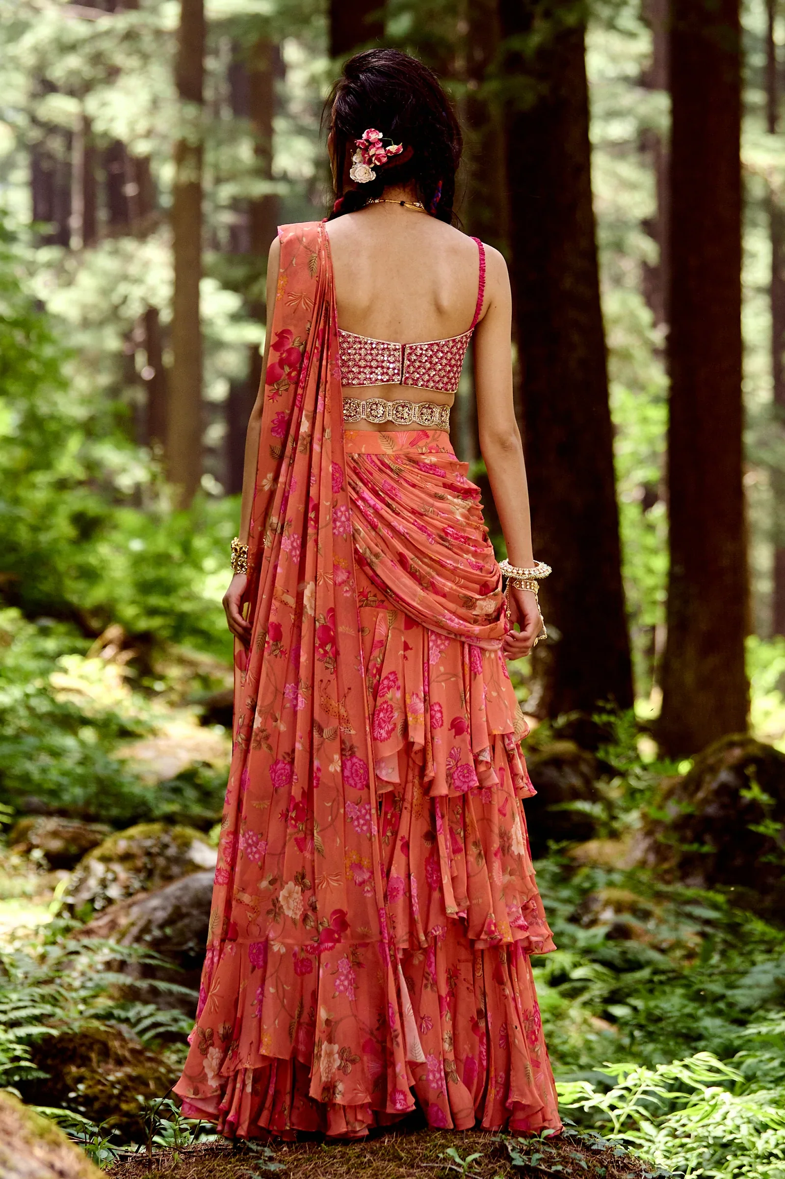 Sherbet Orange Jungle Print Pre Draped Three Layered Saree Set - Image 2