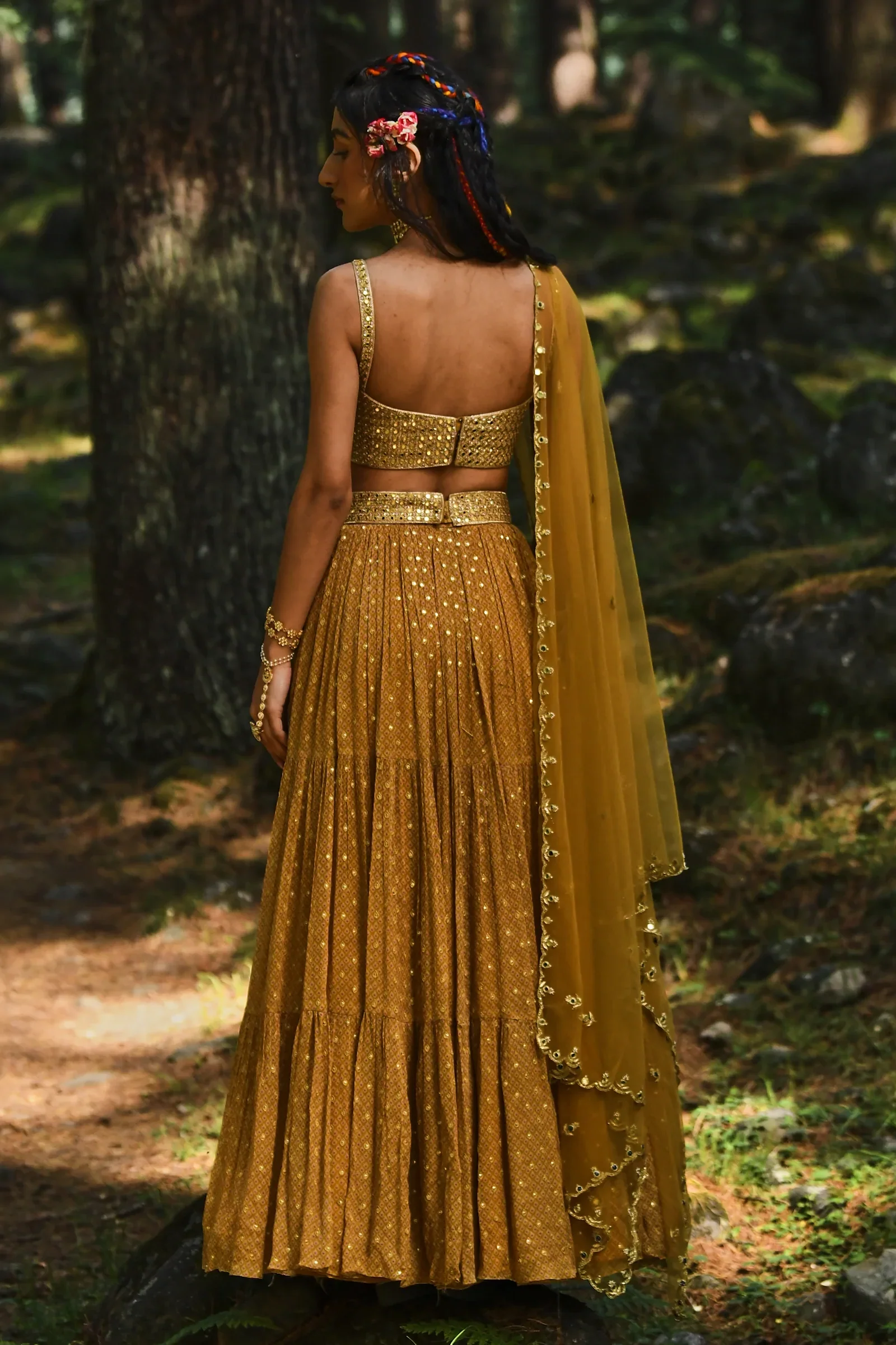 Ochre Yellow Flame Print Three Layered Lehenga Set - Image 2