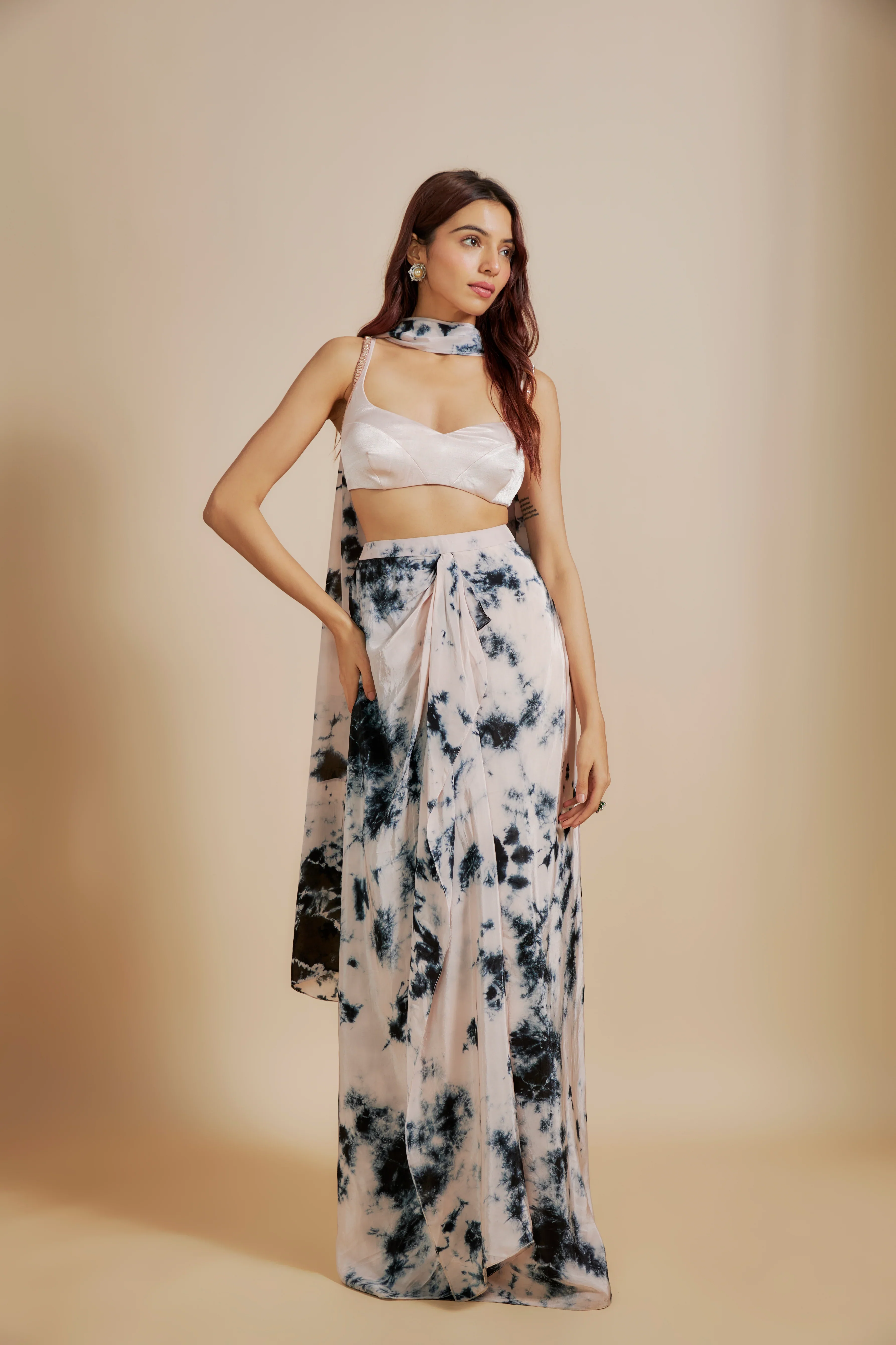 Pink And Black Shibori Skirt With Pink Blouse With Dupatta