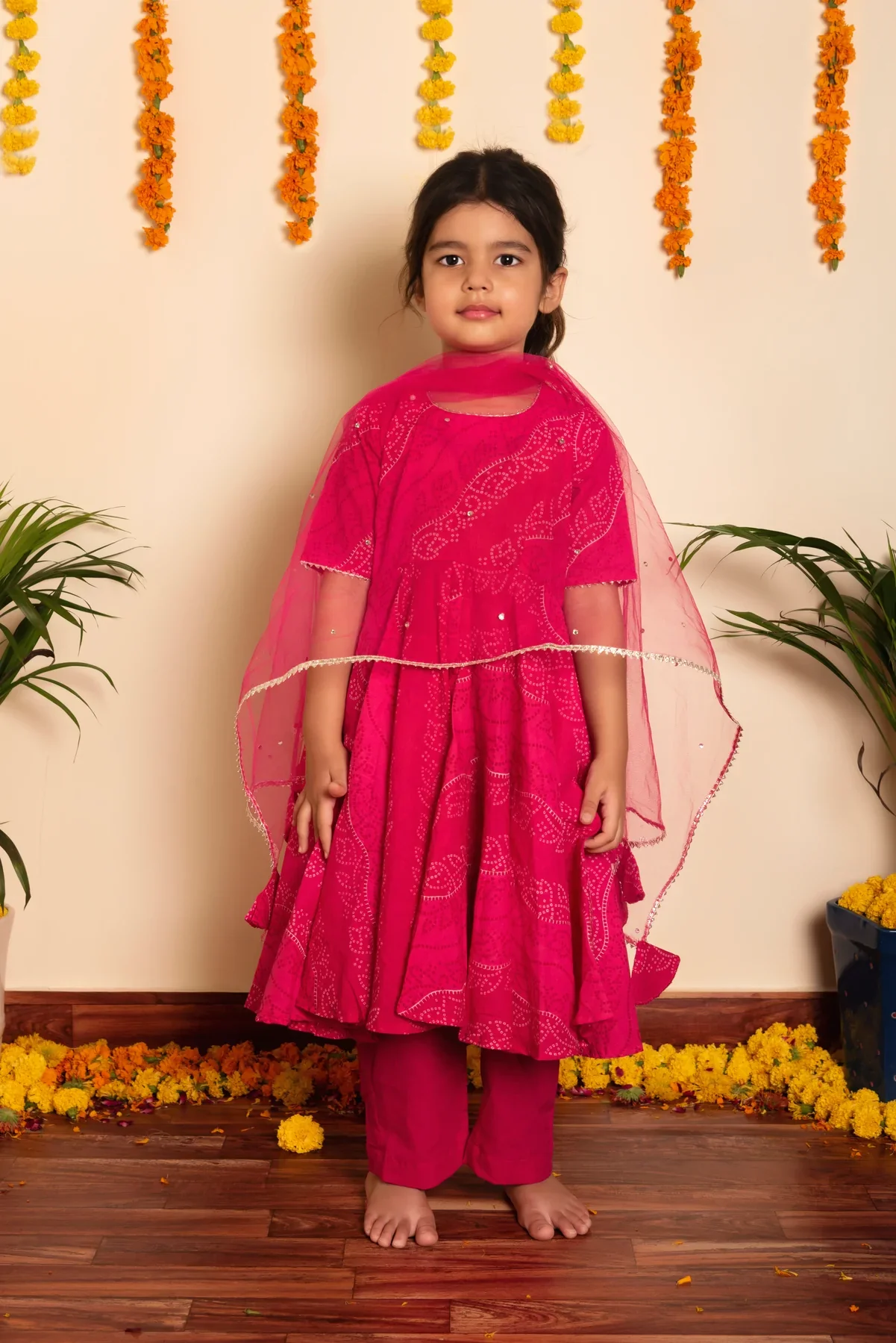 Pink bandhej anarkali kurta set for girls - Image 4