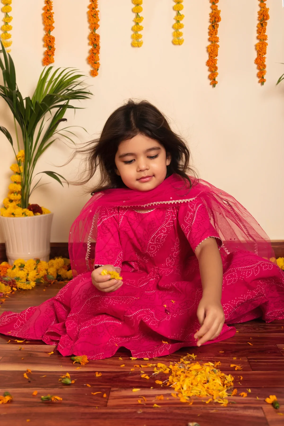 Pink bandhej anarkali kurta set for girls - Image 5