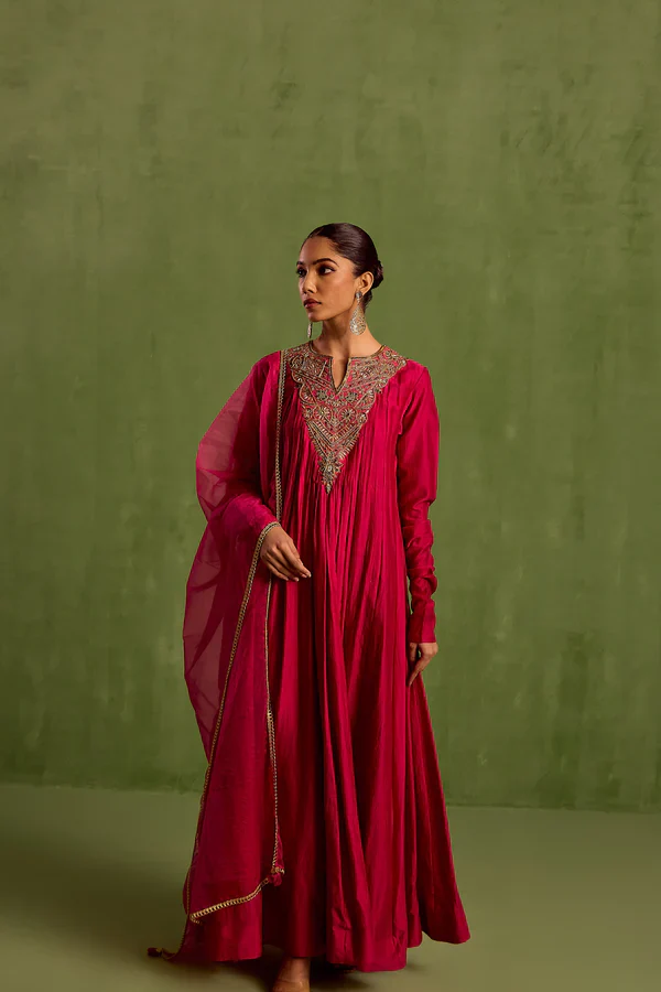 Pink Chanderi Silk Embroidery Dabka Notched Hand Yoke Anarkali With Dupatta - Image 4