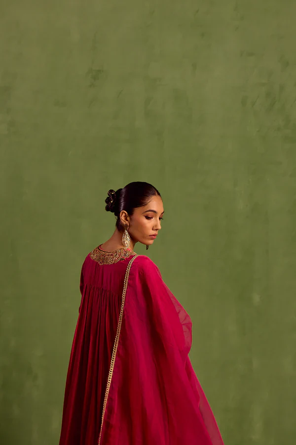 Pink Chanderi Silk Embroidery Dabka Notched Hand Yoke Anarkali With Dupatta - Image 5