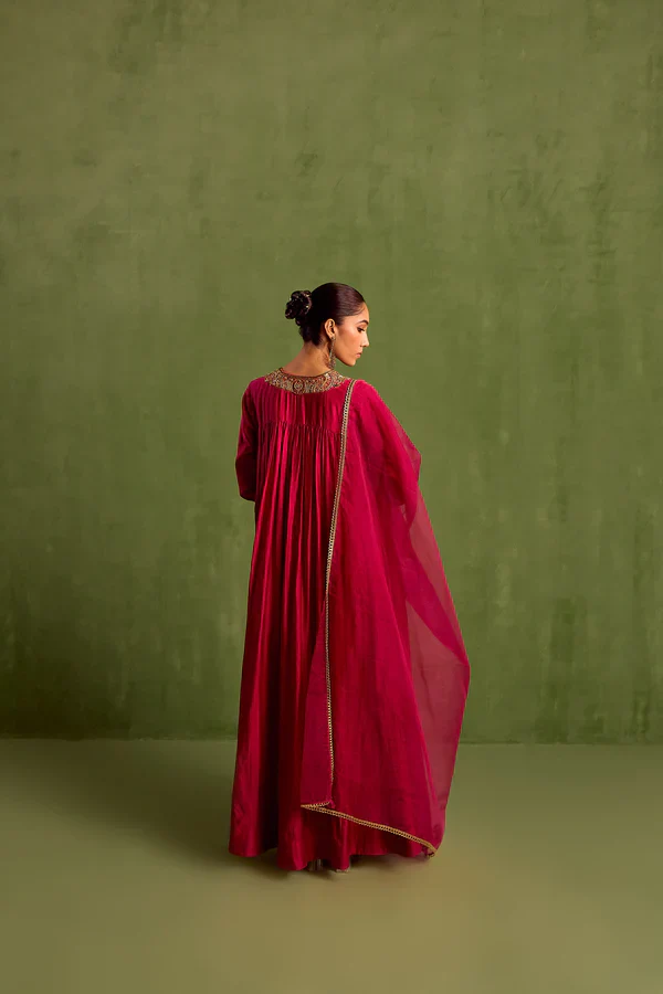 Pink Chanderi Silk Embroidery Dabka Notched Hand Yoke Anarkali With Dupatta - Image 6