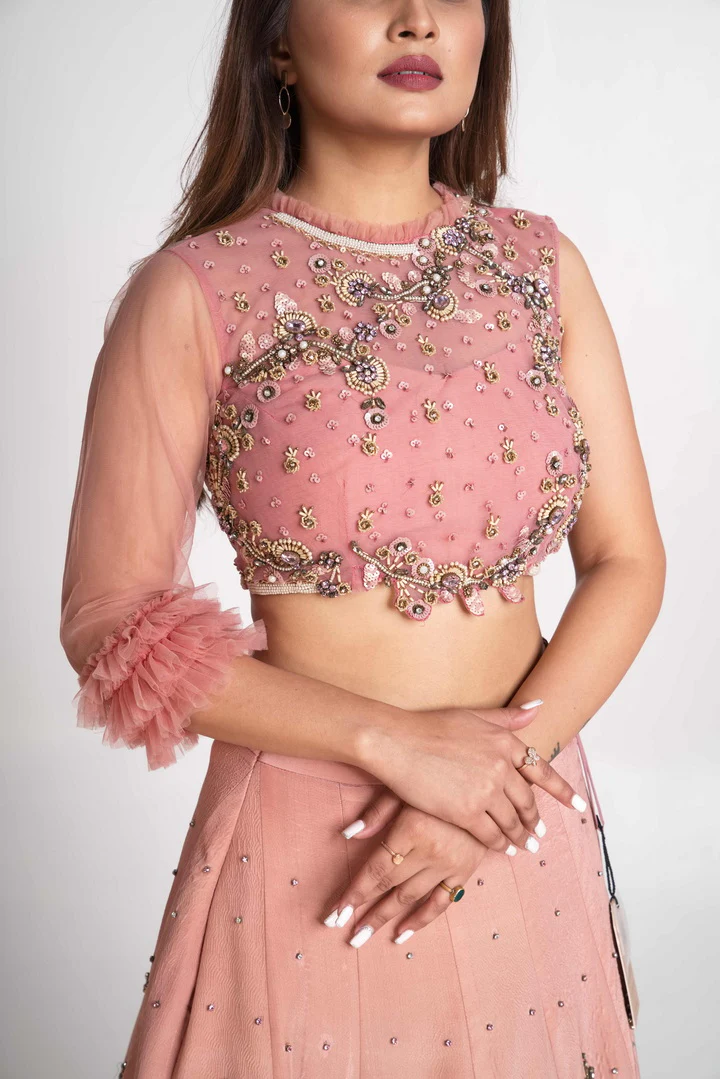 Pink Chiffon Hand Embroidered Lehenga Set - Image 13
