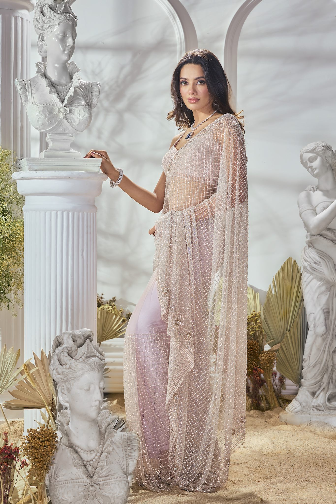 Pink Crystal Embroidered Saree - Image 4