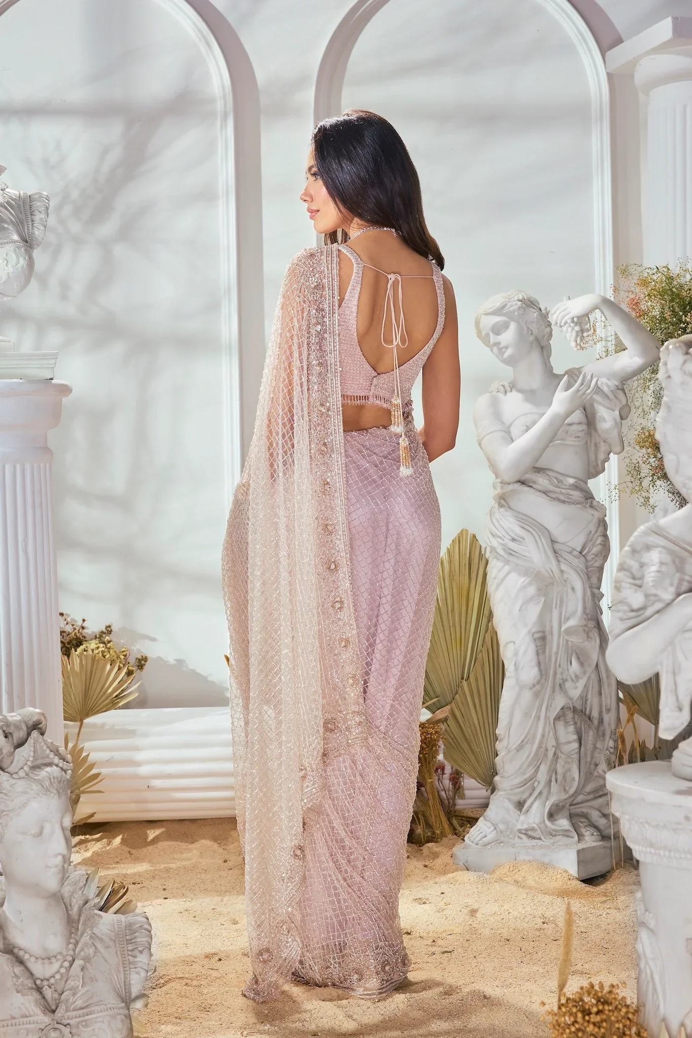 Pink Crystal Embroidered Saree - Image 5