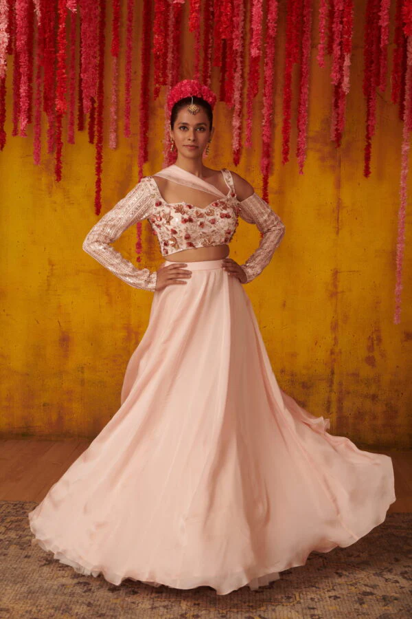 Pink Dupion Silk Embroidered Draped Blouse And Lehenga Set