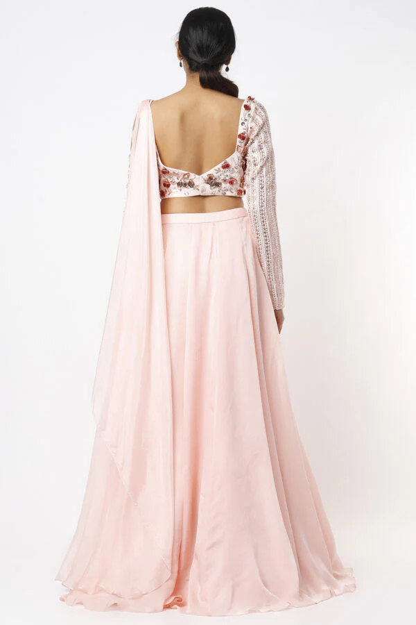 Pink Dupion Silk Embroidered Draped Blouse And Lehenga Set - Image 2