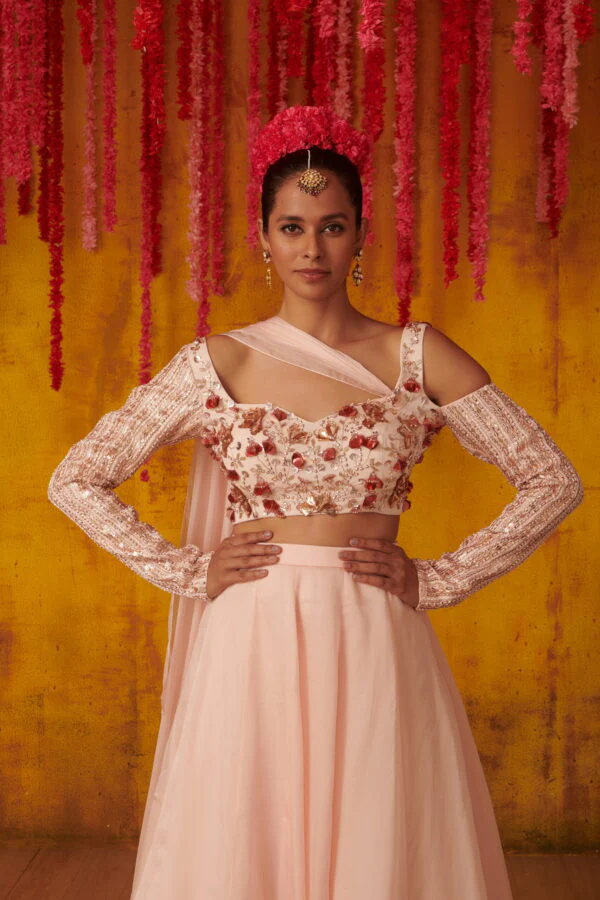 Pink Dupion Silk Embroidered Draped Blouse And Lehenga Set - Image 3
