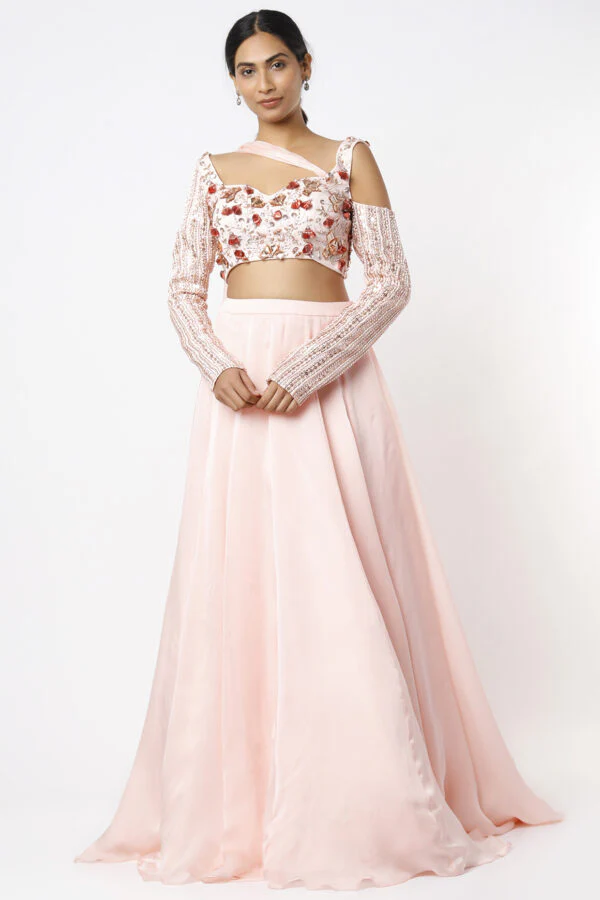 Pink Dupion Silk Embroidered Draped Blouse And Lehenga Set - Image 4