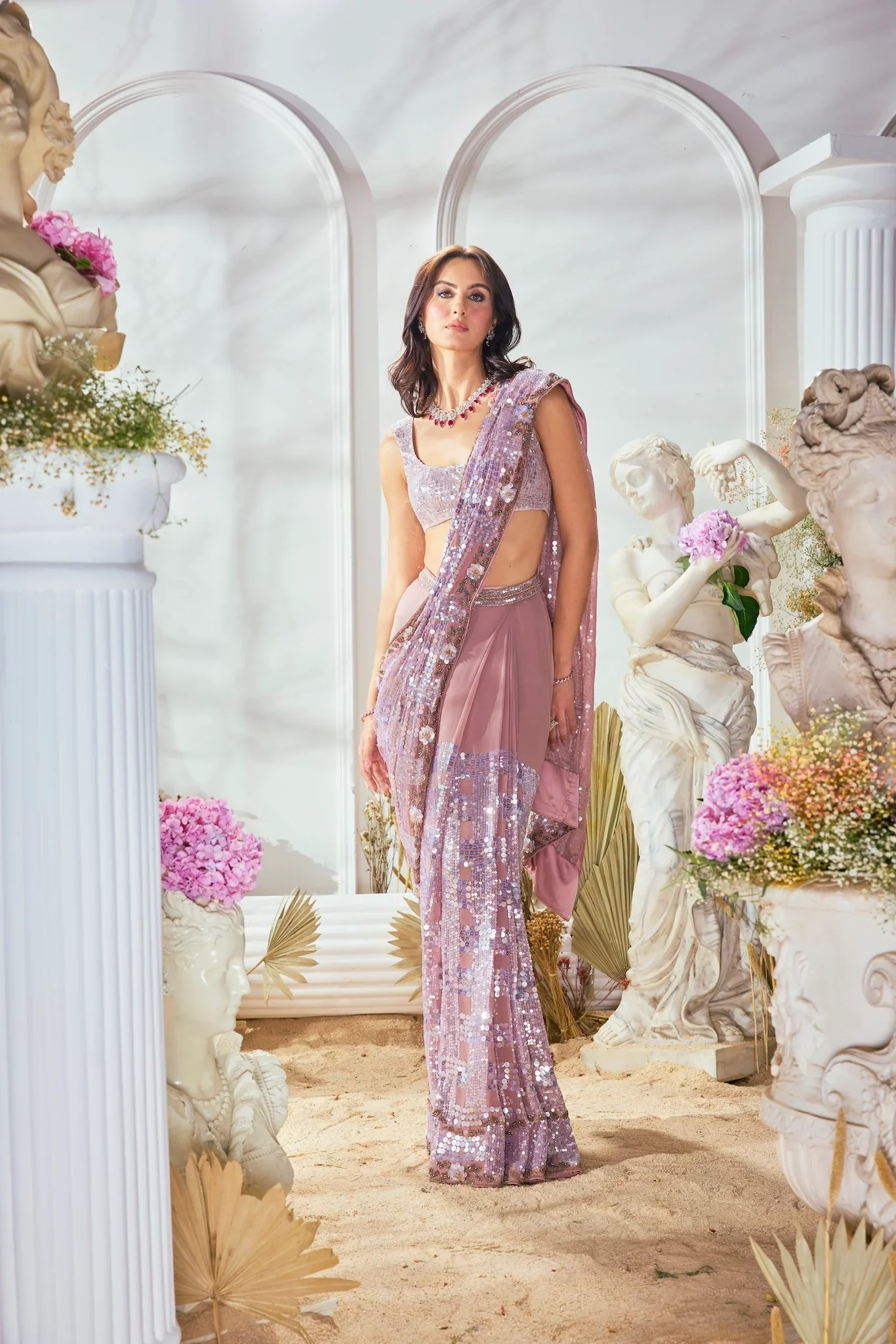 Pink Georgette Sequin Saree