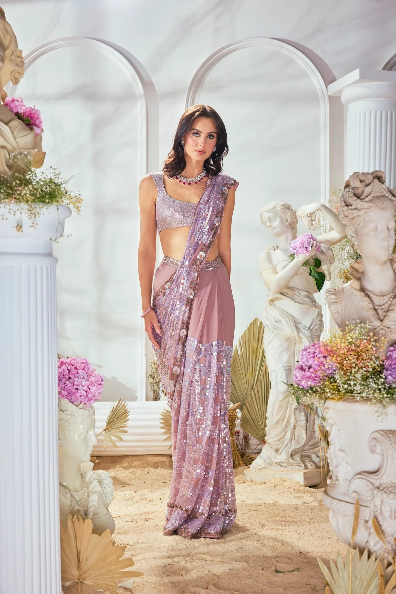 Pink Georgette Sequin Saree - Image 3