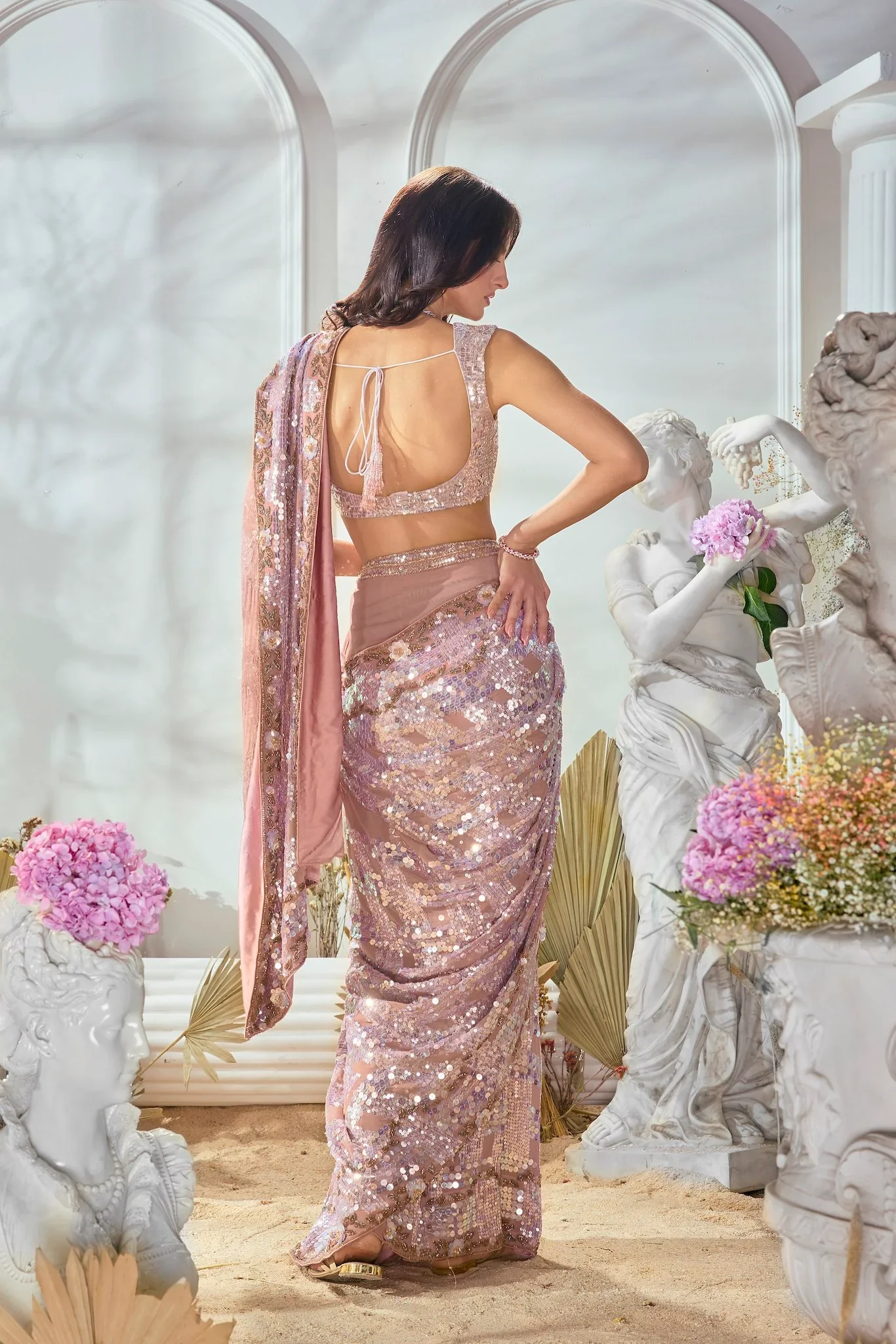 Pink Georgette Sequin Saree - Image 4