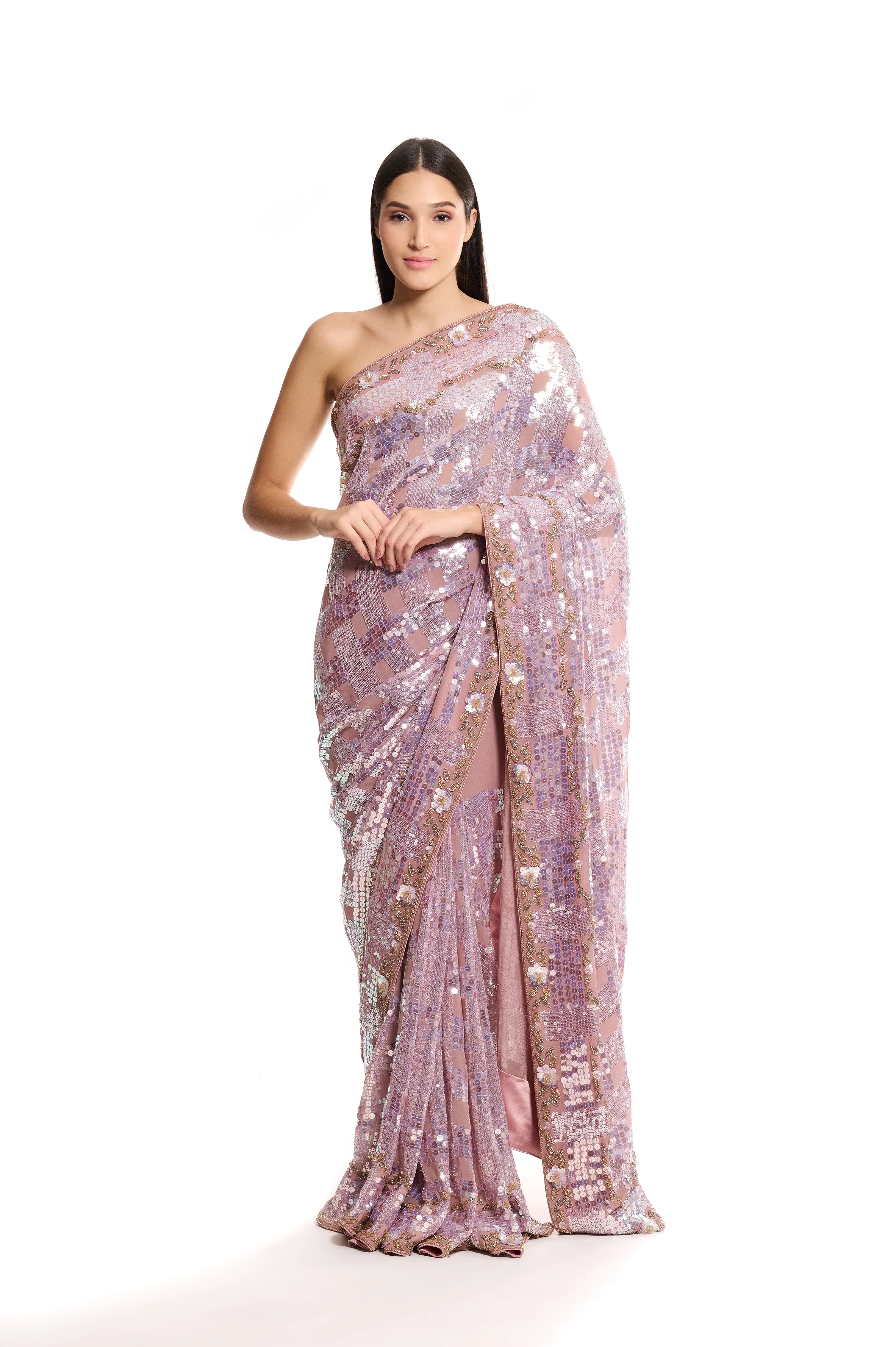 Pink Georgette Sequin Saree - Image 5