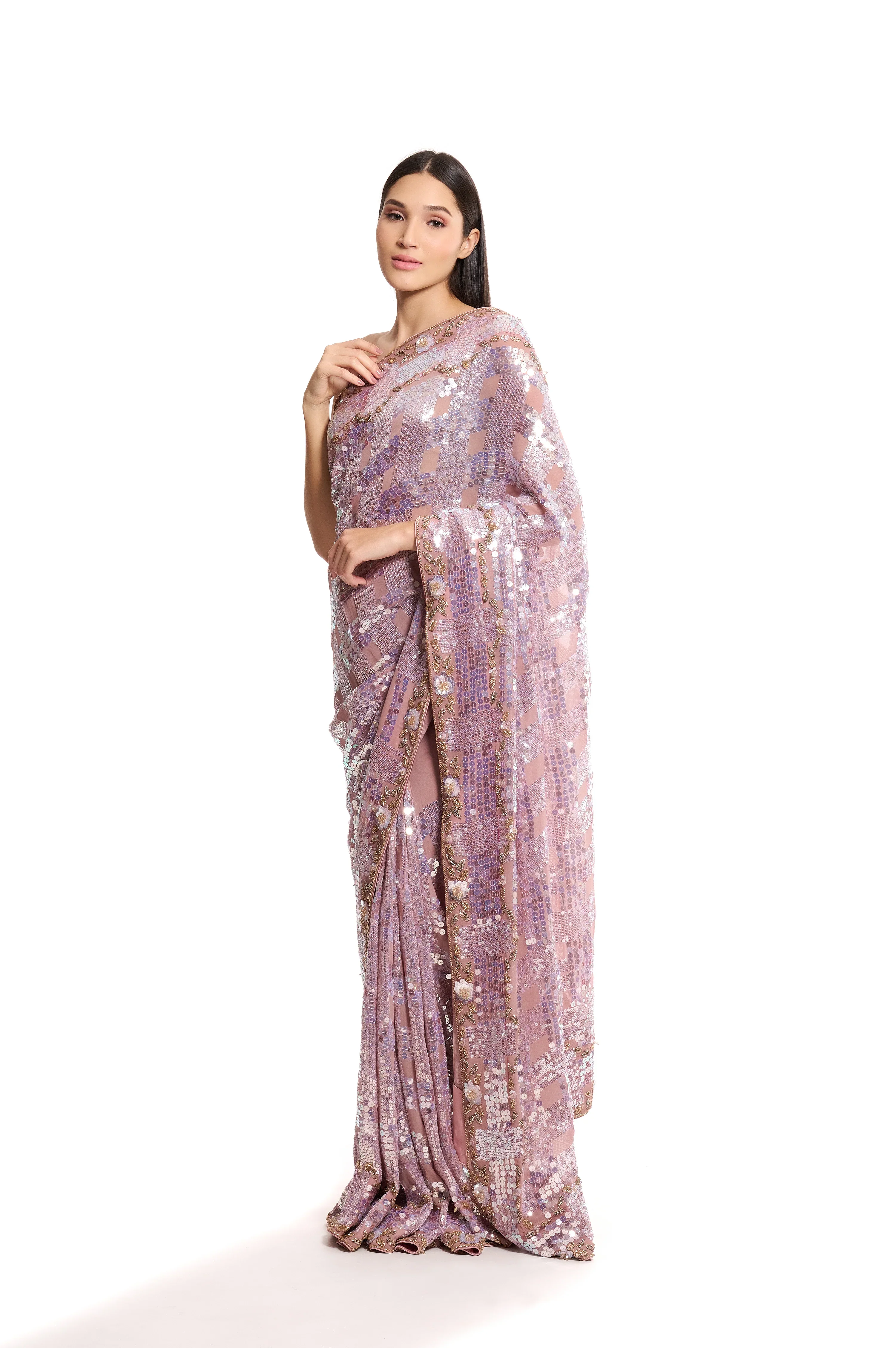 Pink Georgette Sequin Saree - Image 6