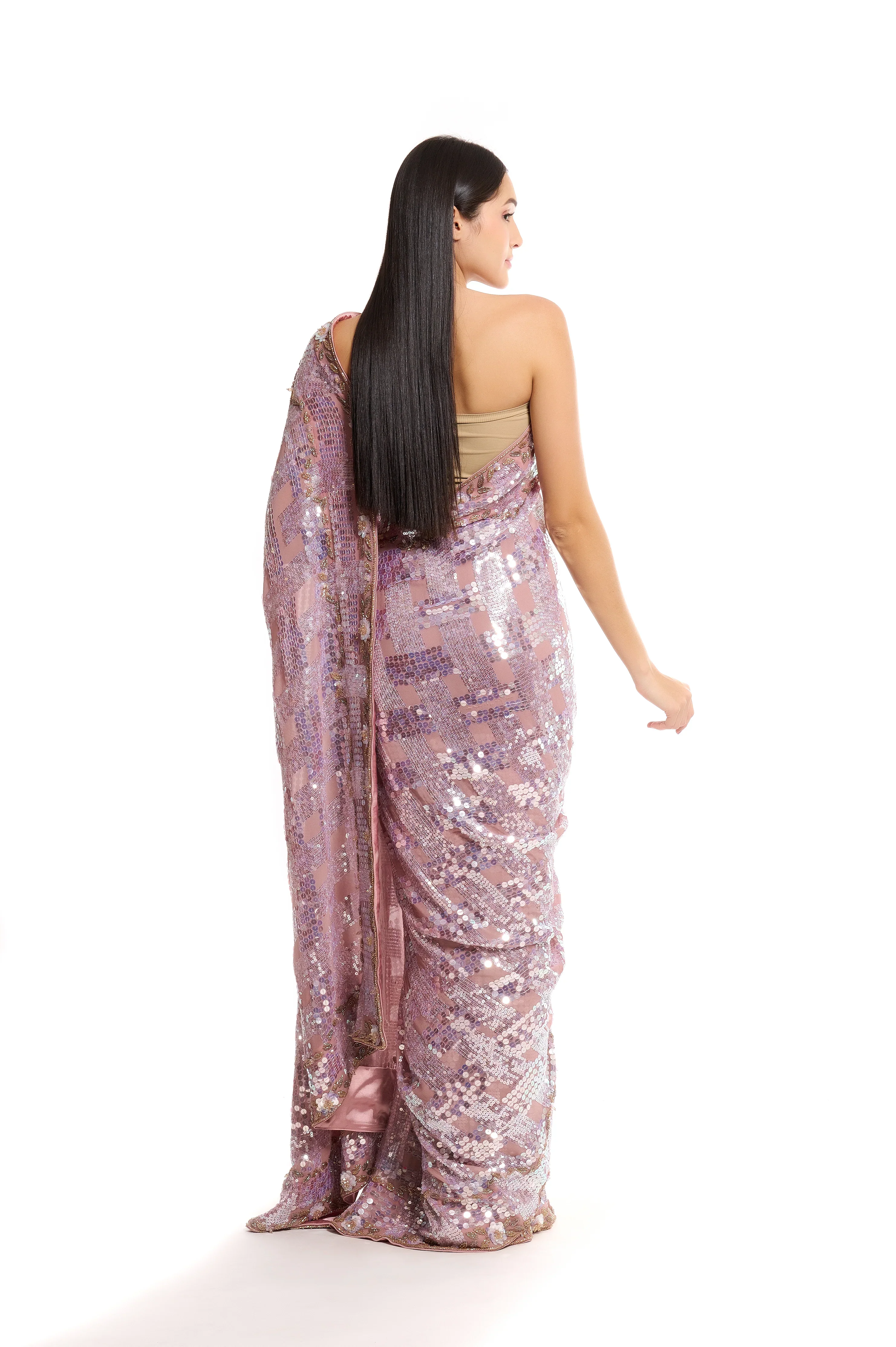Pink Georgette Sequin Saree - Image 7