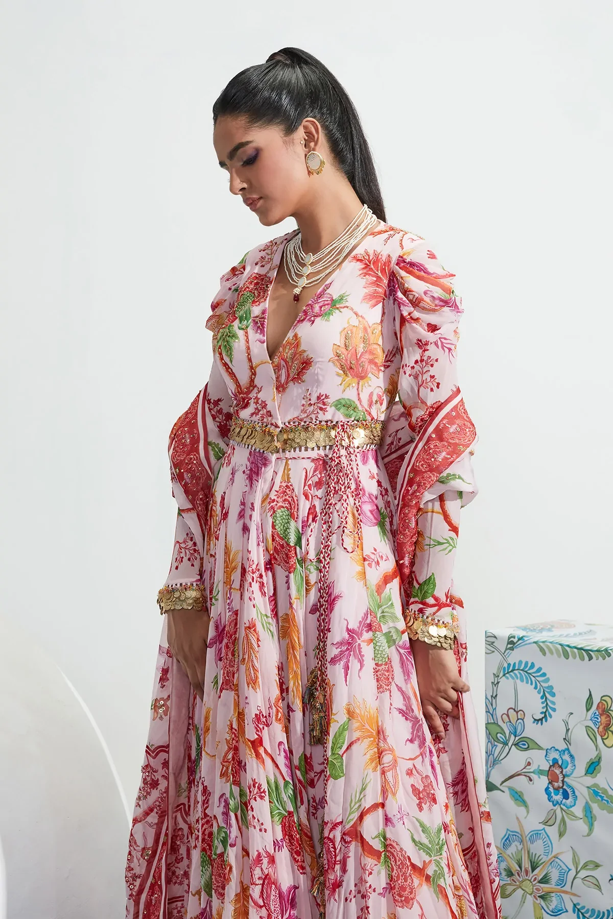 Pink Georgette Zuma Printed Angarkha With Dupatta - Image 3
