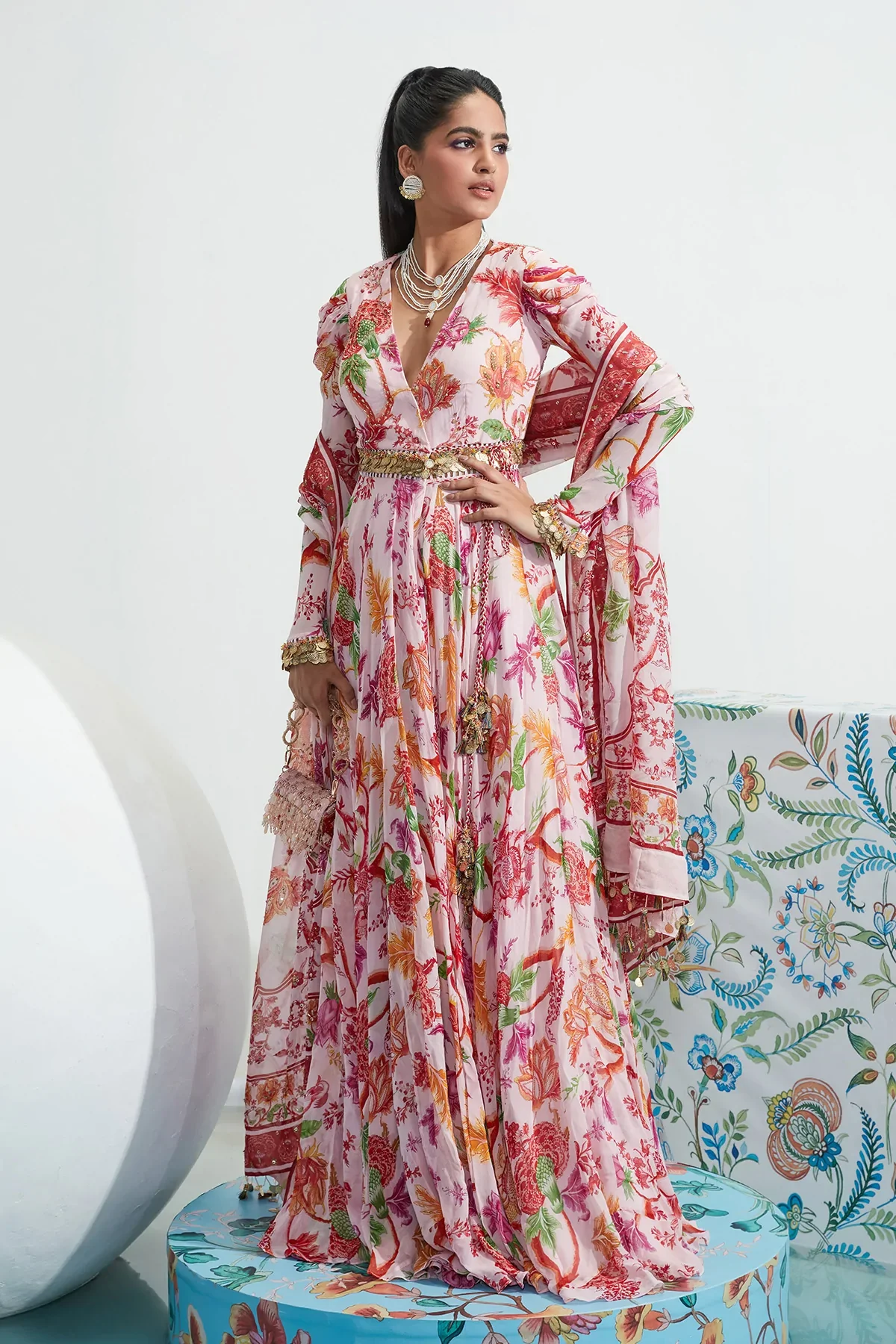 Pink Georgette Zuma Printed Angarkha With Dupatta - Image 6