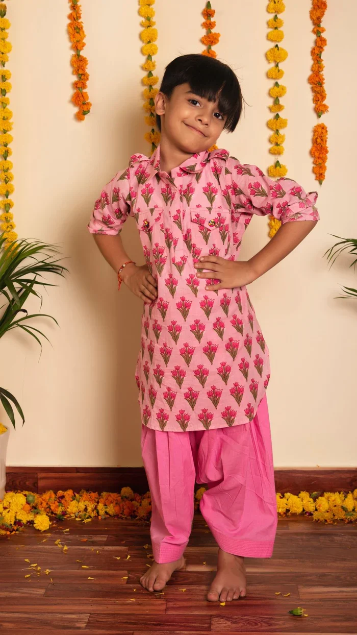 Pink hand block kurta pant set