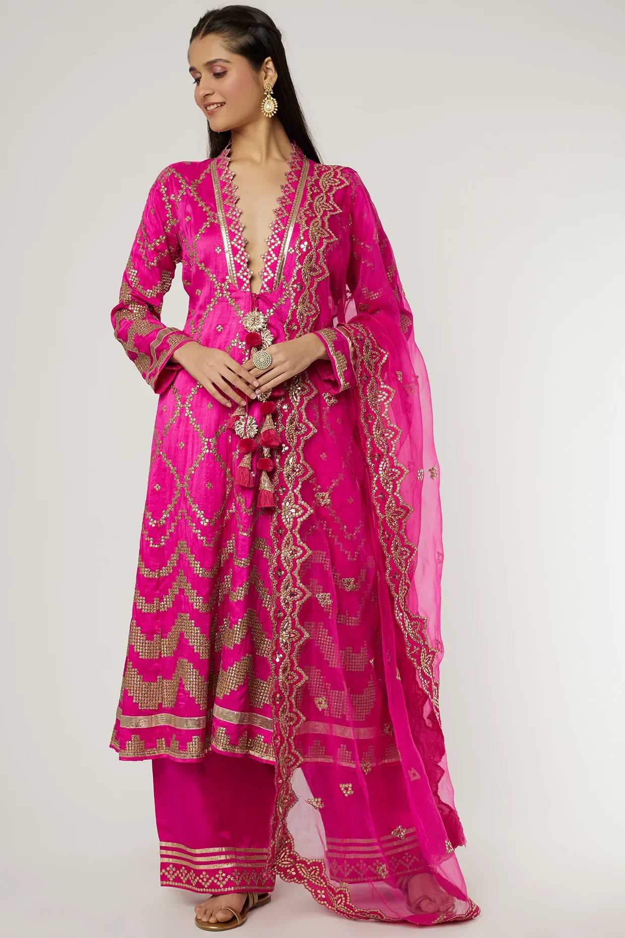 Pink Ishanya Ag Tiered Palazzo With Dupatta