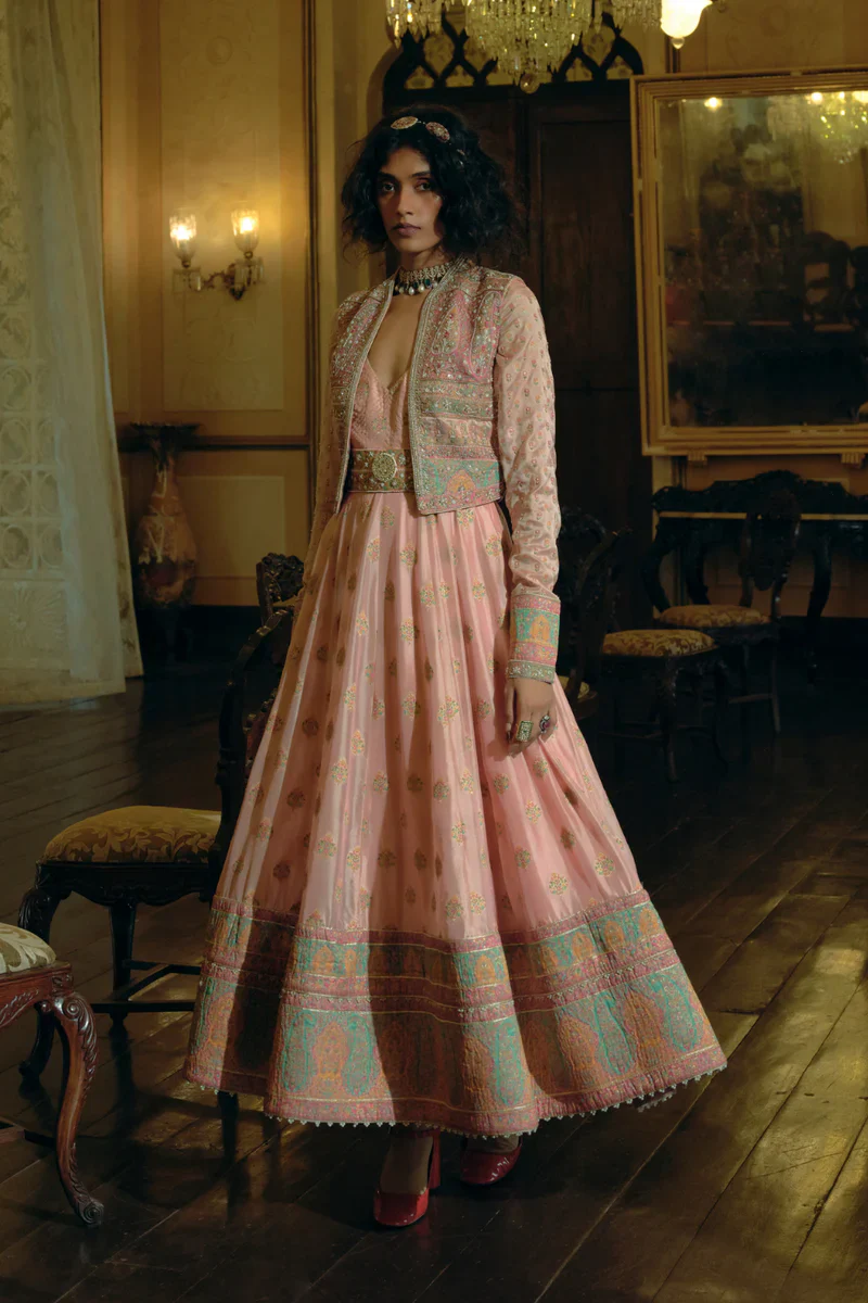 Pink Jacquard Banarsi Anarkali With Cropped Jacket Set
