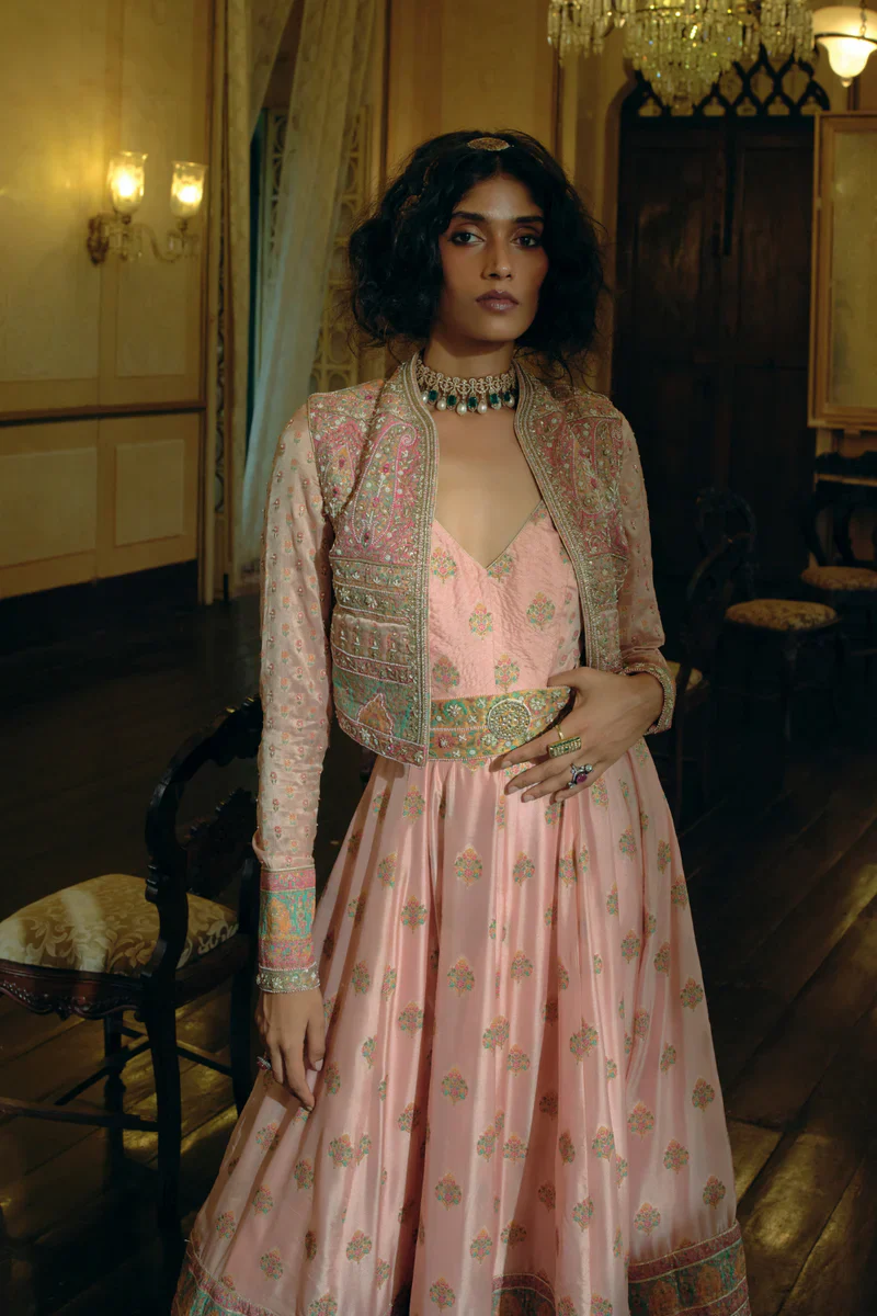 Pink Jacquard Banarsi Anarkali With Cropped Jacket Set - Image 2