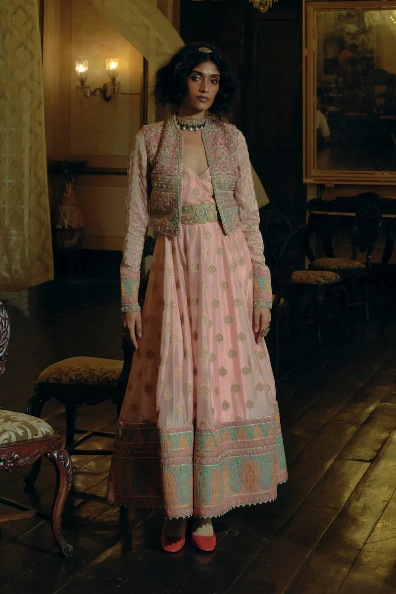 Pink Jacquard Banarsi Anarkali With Cropped Jacket Set - Image 3