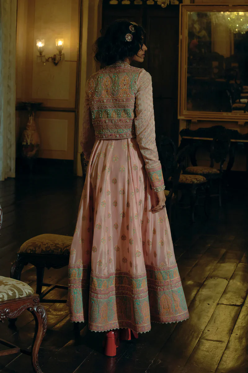 Pink Jacquard Banarsi Anarkali With Cropped Jacket Set - Image 4