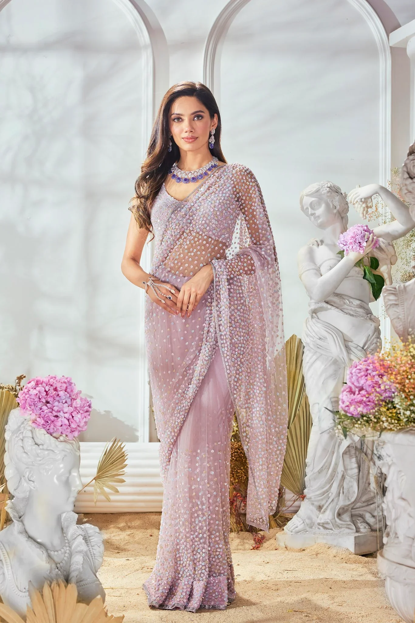 Pink Multi-Coloured Sequin Embroidered Saree