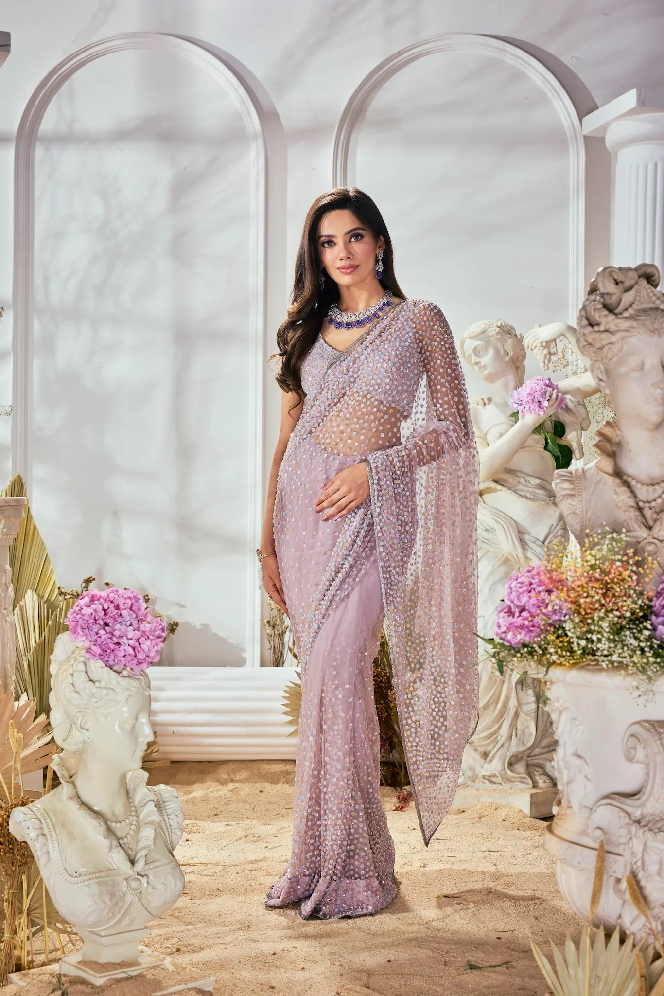 Pink Multi-Coloured Sequin Embroidered Saree - Image 2