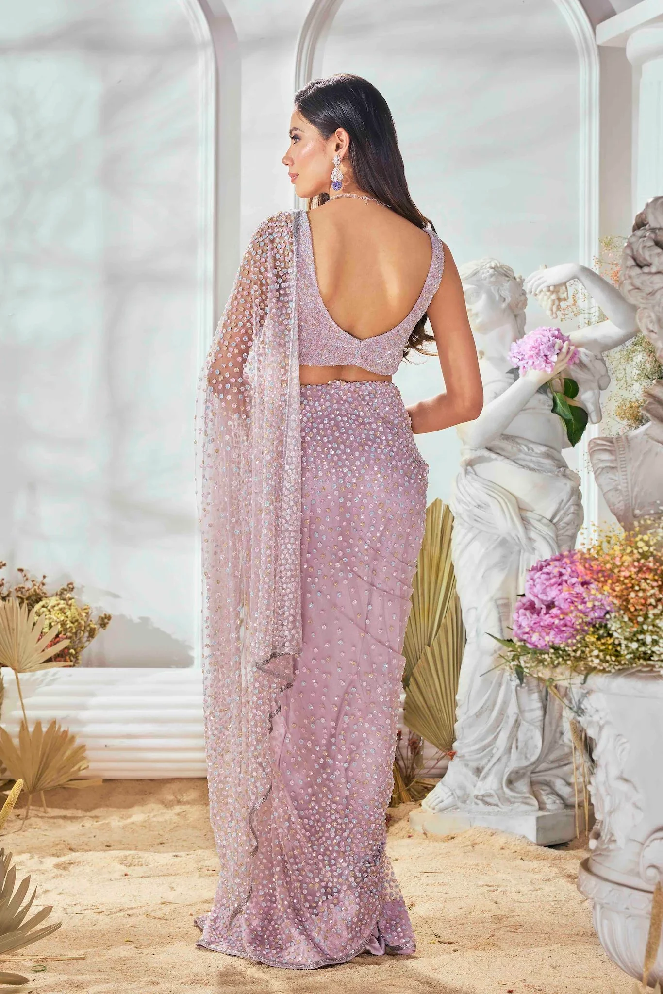 Pink Multi-Coloured Sequin Embroidered Saree - Image 3
