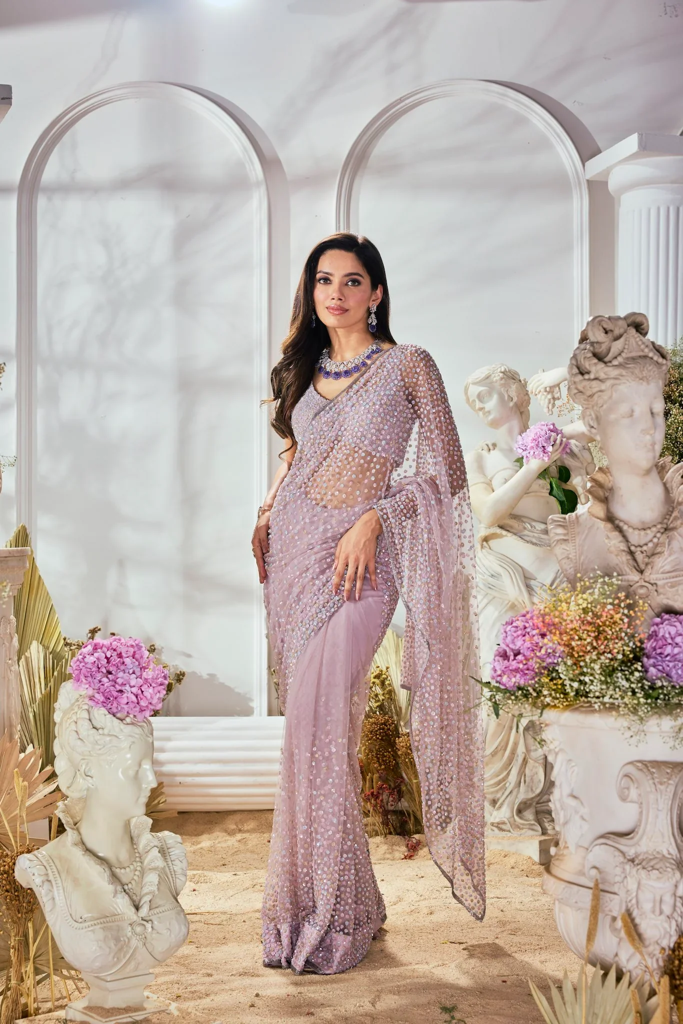 Pink Multi-Coloured Sequin Embroidered Saree - Image 4