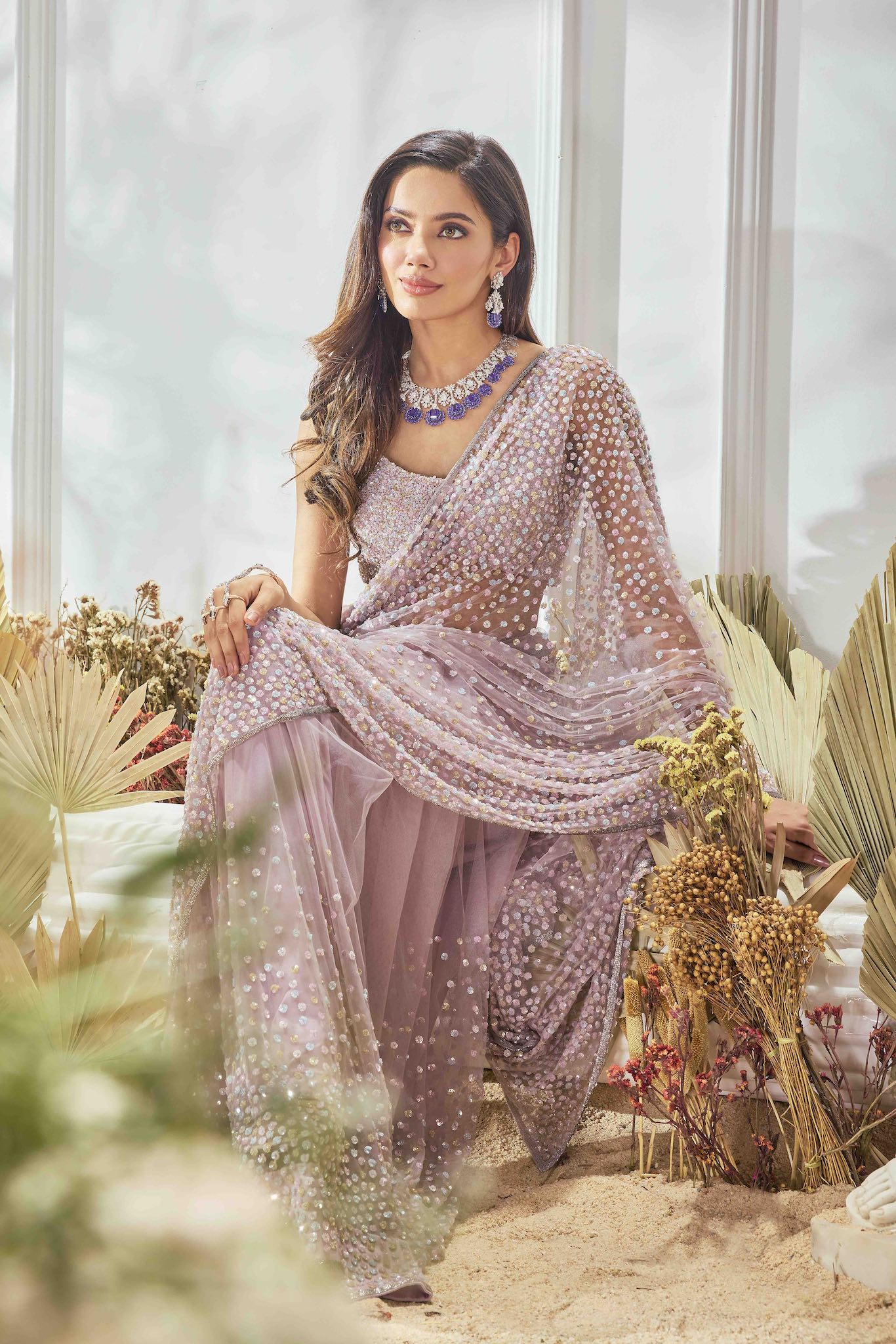 Pink Multi-Coloured Sequin Embroidered Saree - Image 6