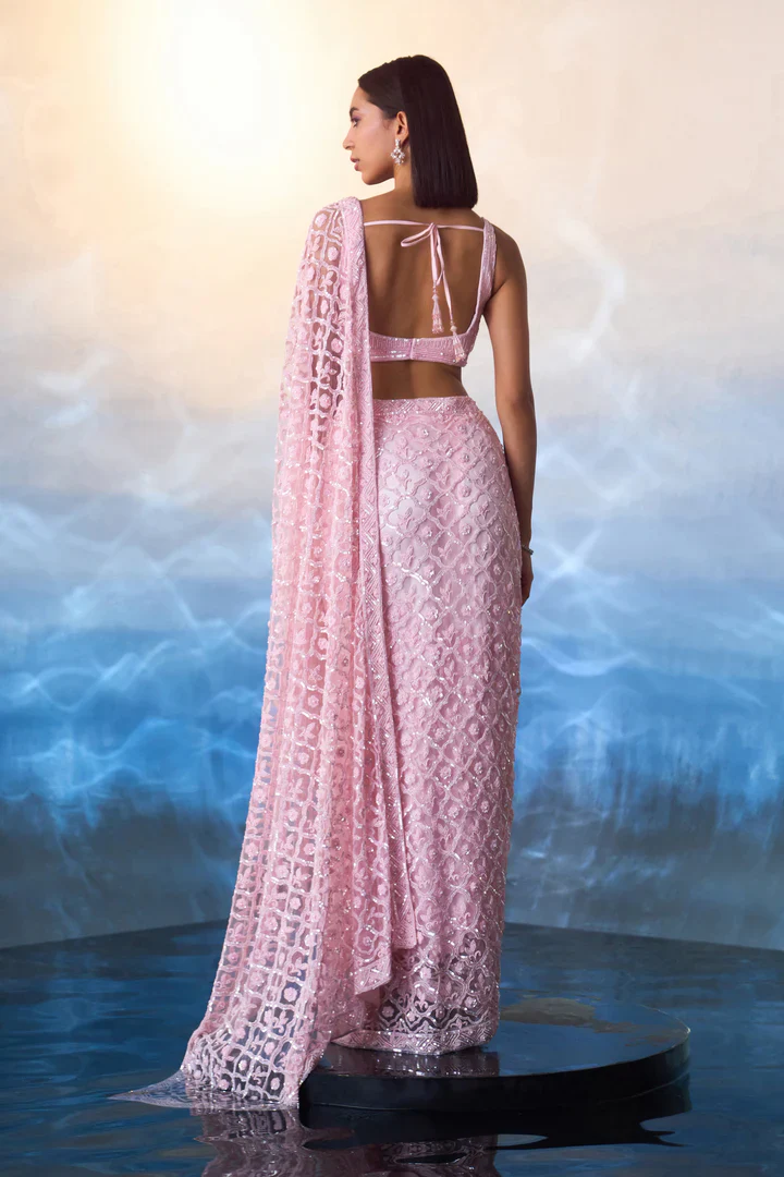 Pink Net Saree - Image 5