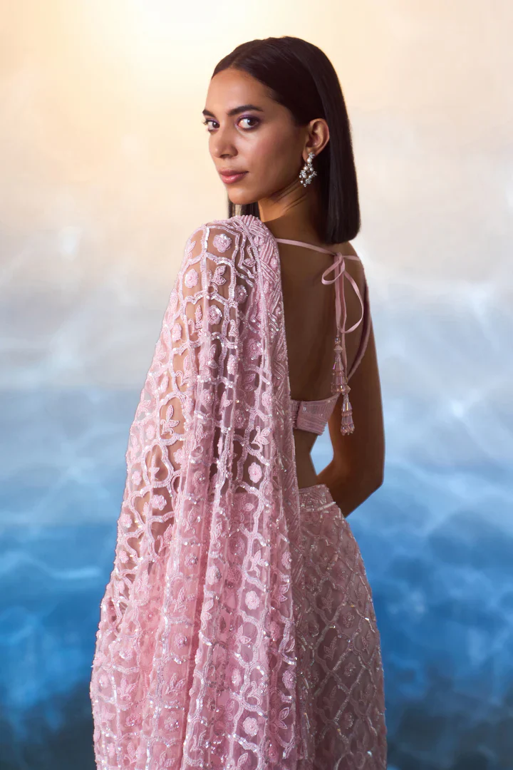 Pink Net Saree - Image 6