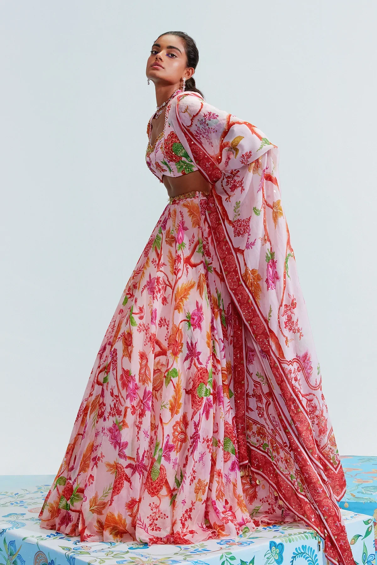 Pink Organza Satin Aaliya Floral Print Lehenga Set - Image 3