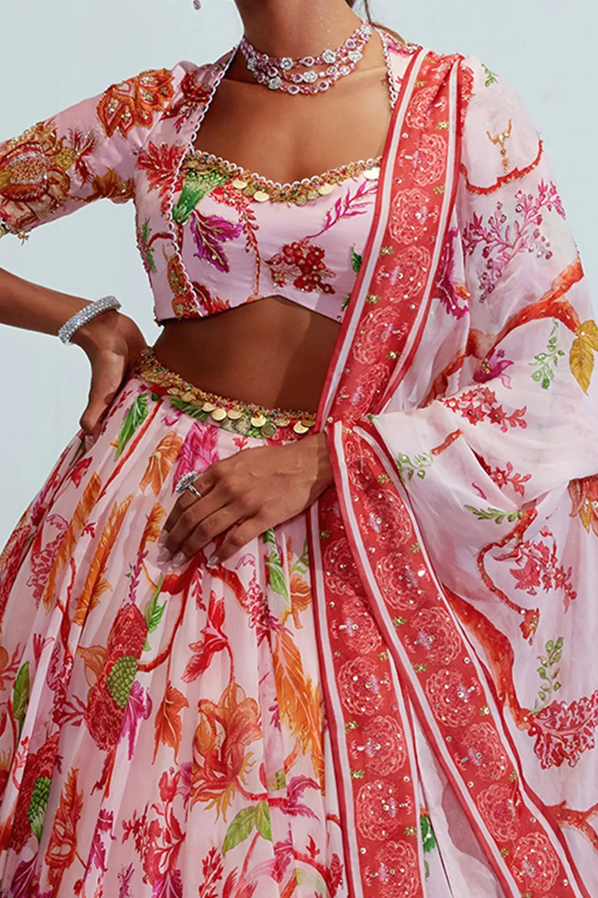 Pink Organza Satin Aaliya Floral Print Lehenga Set - Image 4