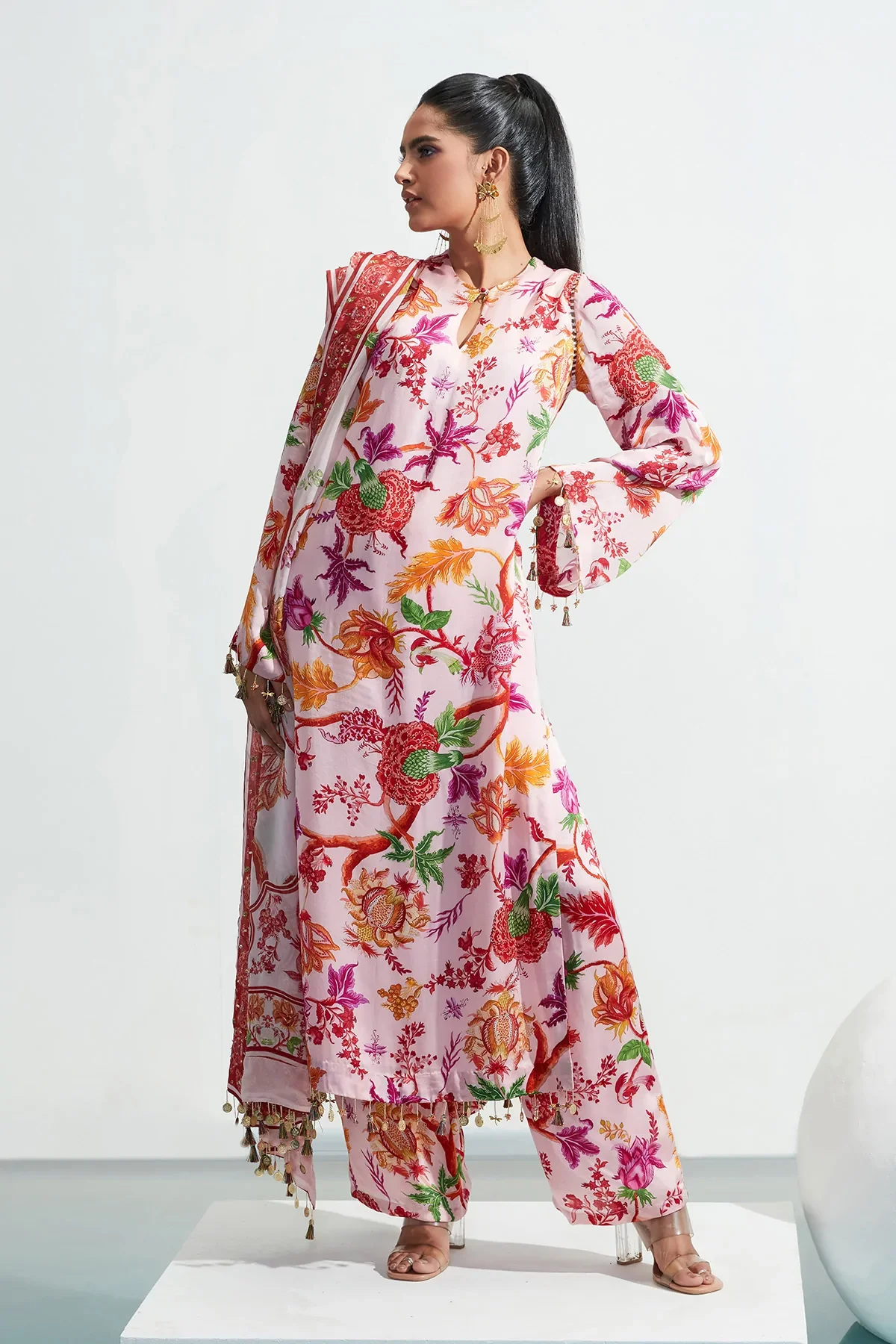 Pink Organza Satin Asma Floral Print Kurta Set - Image 4