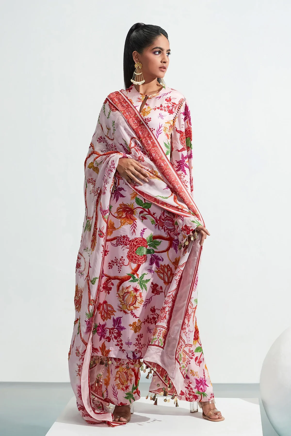 Pink Organza Satin Asma Floral Print Kurta Set - Image 6