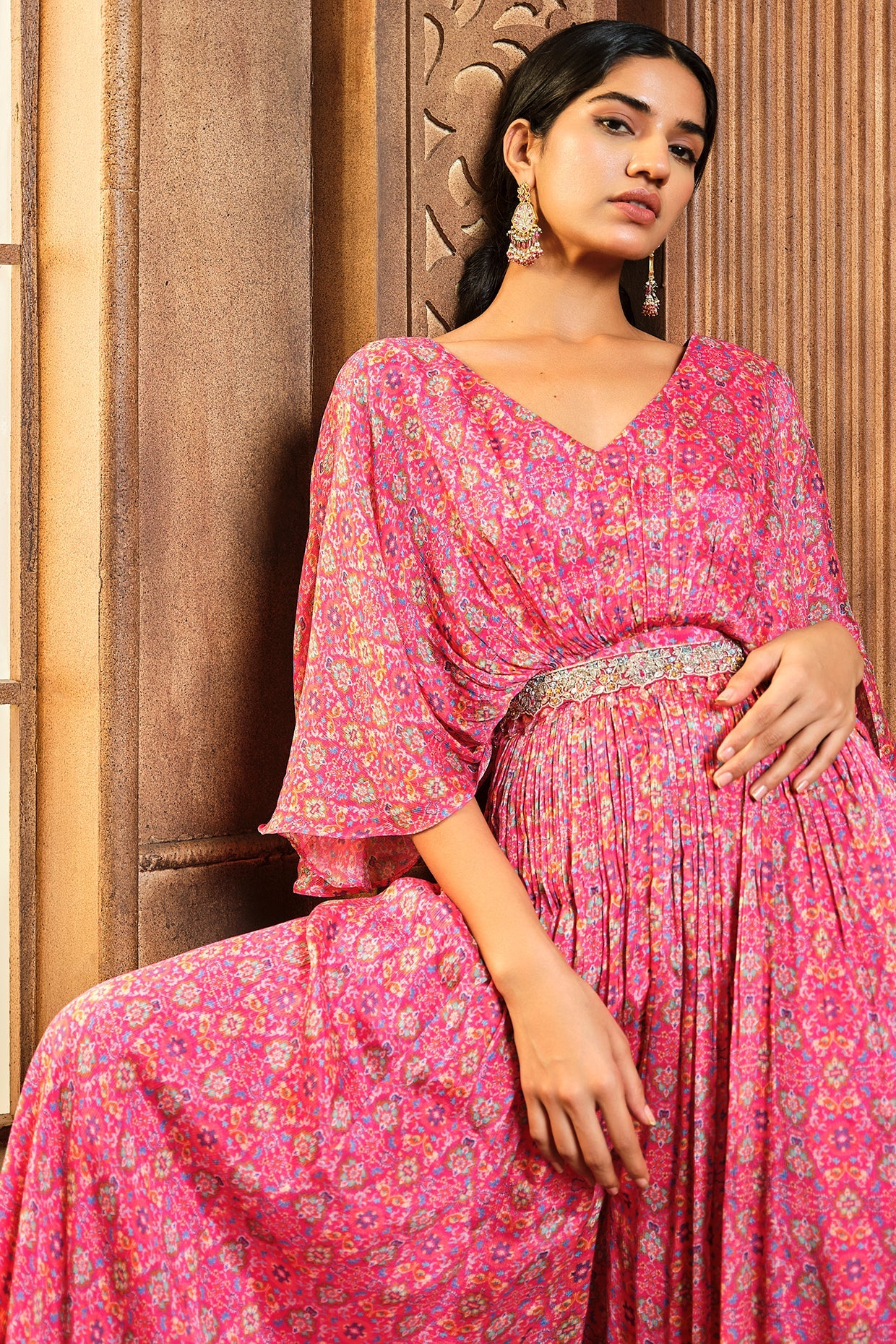 Pink Persian Printed Flared Jumpsuit With Belt - Image 2