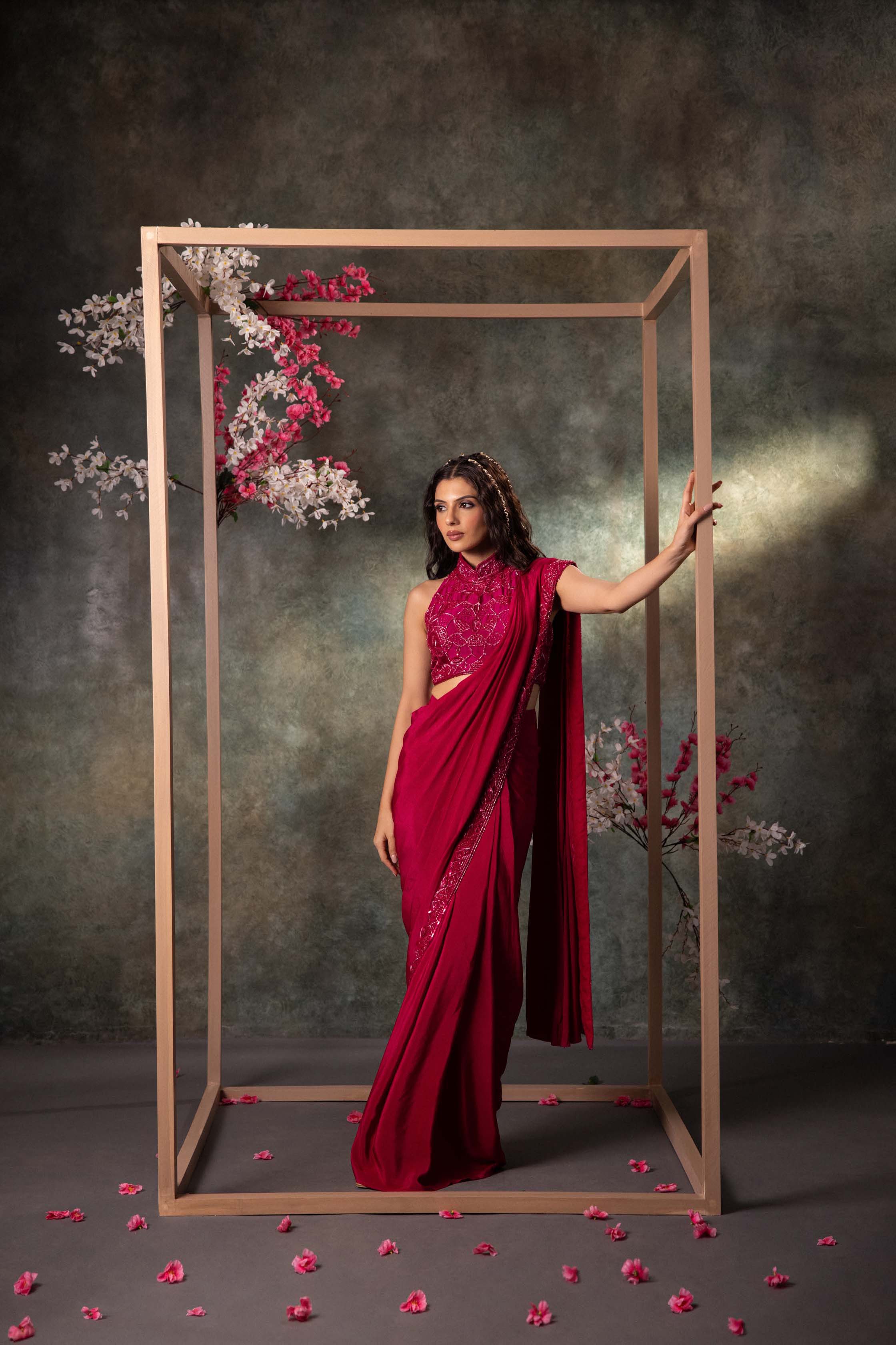 Pink Pre Draped Saree Set With Embroidery