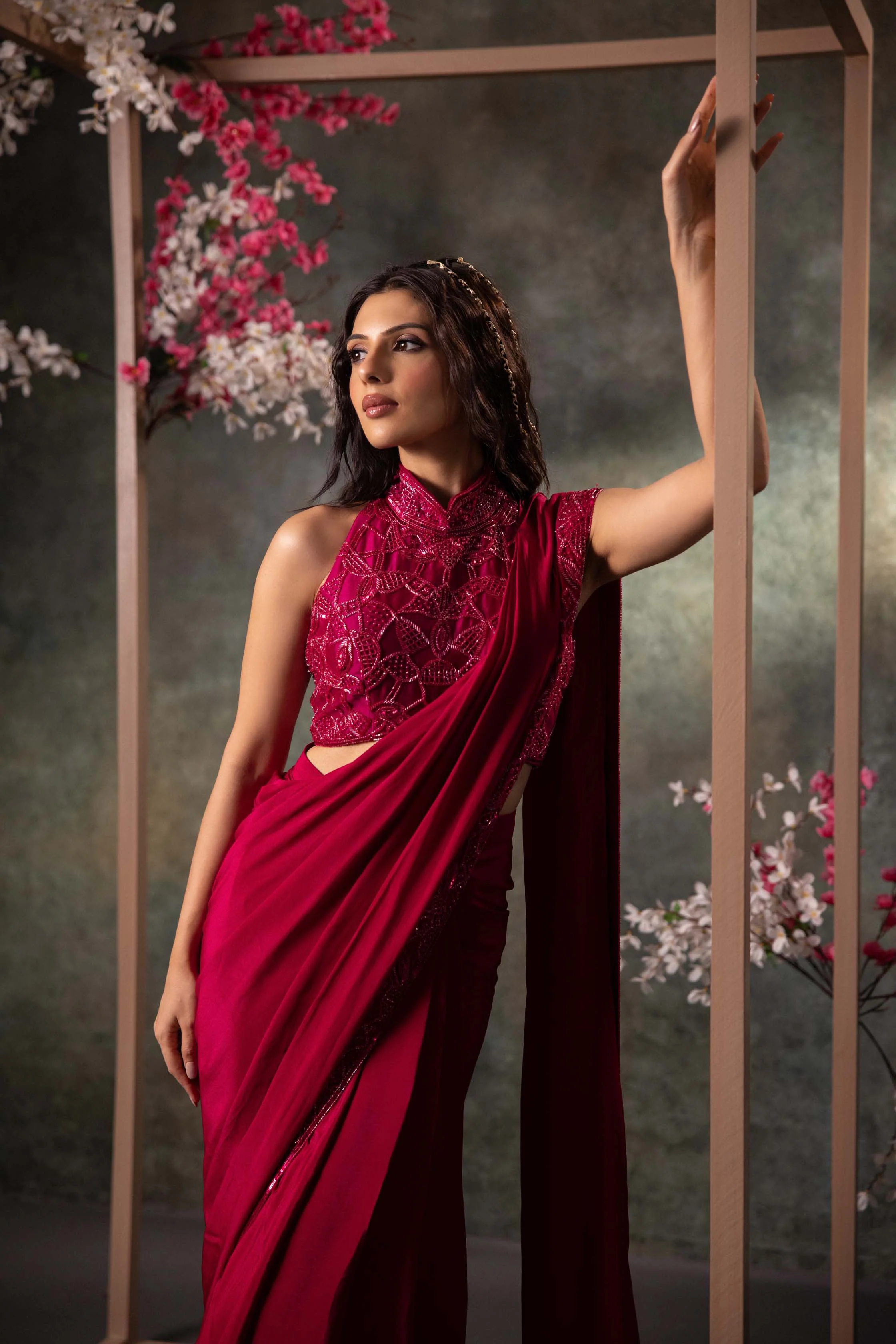 Pink Pre Draped Saree Set With Embroidery - Image 2