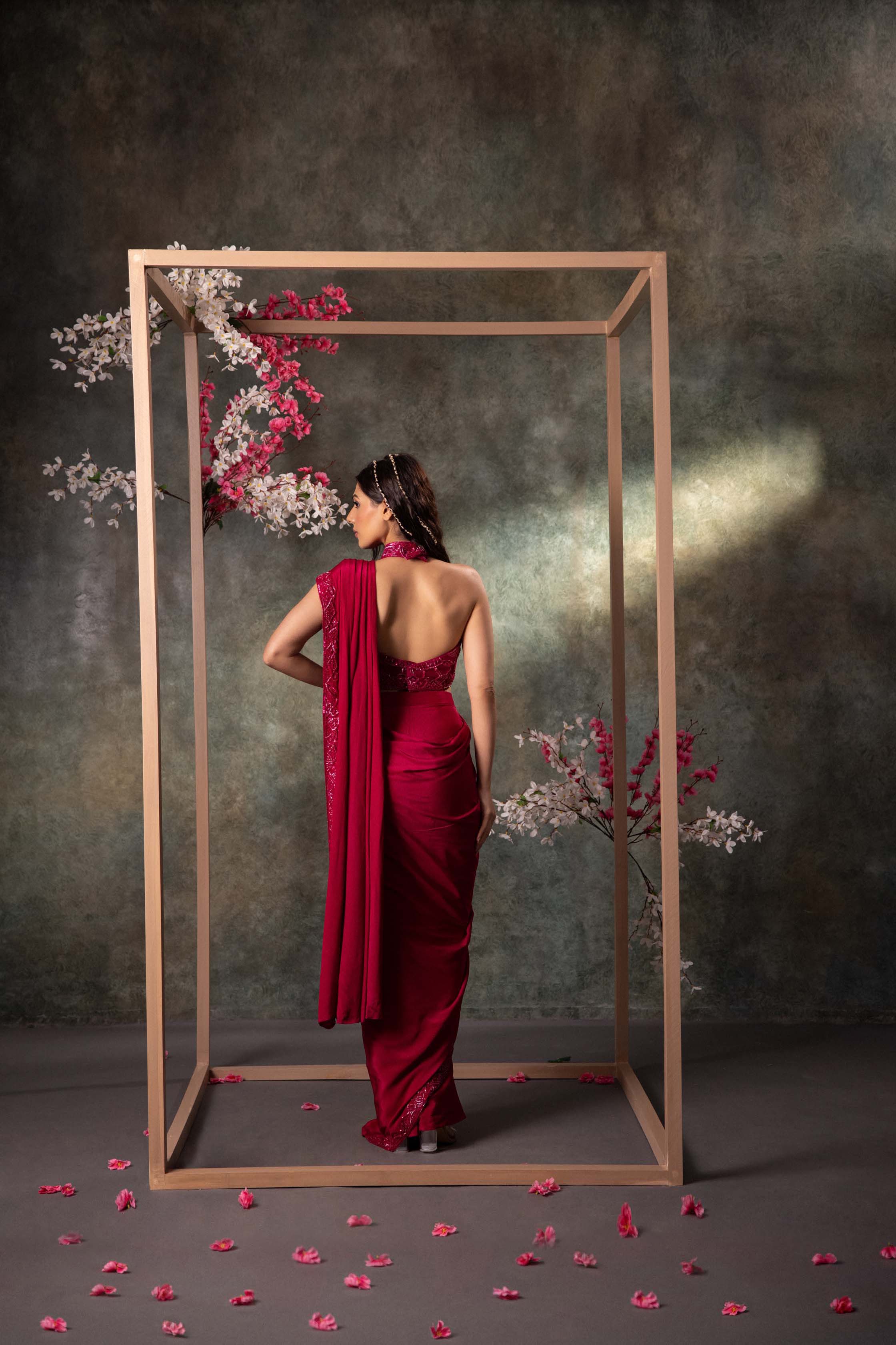 Pink Pre Draped Saree Set With Embroidery - Image 3