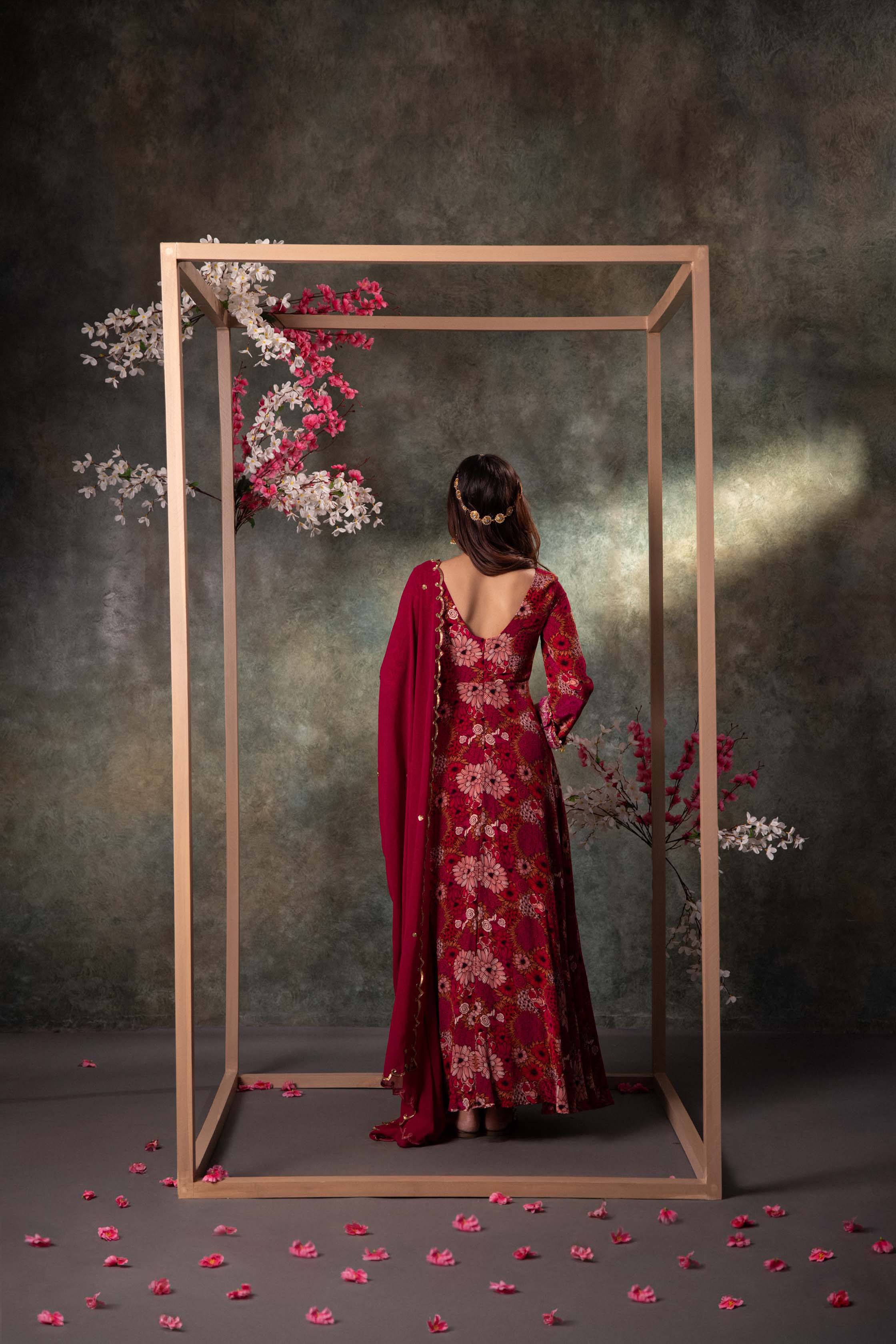 Pink Printed Anarkali And Dupatta Set With Embroidery - Image 2
