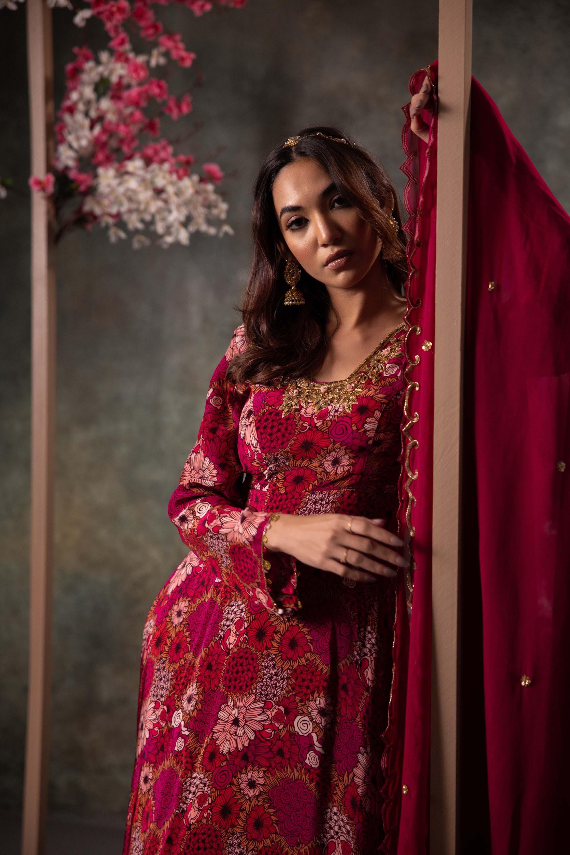 Pink Printed Anarkali And Dupatta Set With Embroidery - Image 3