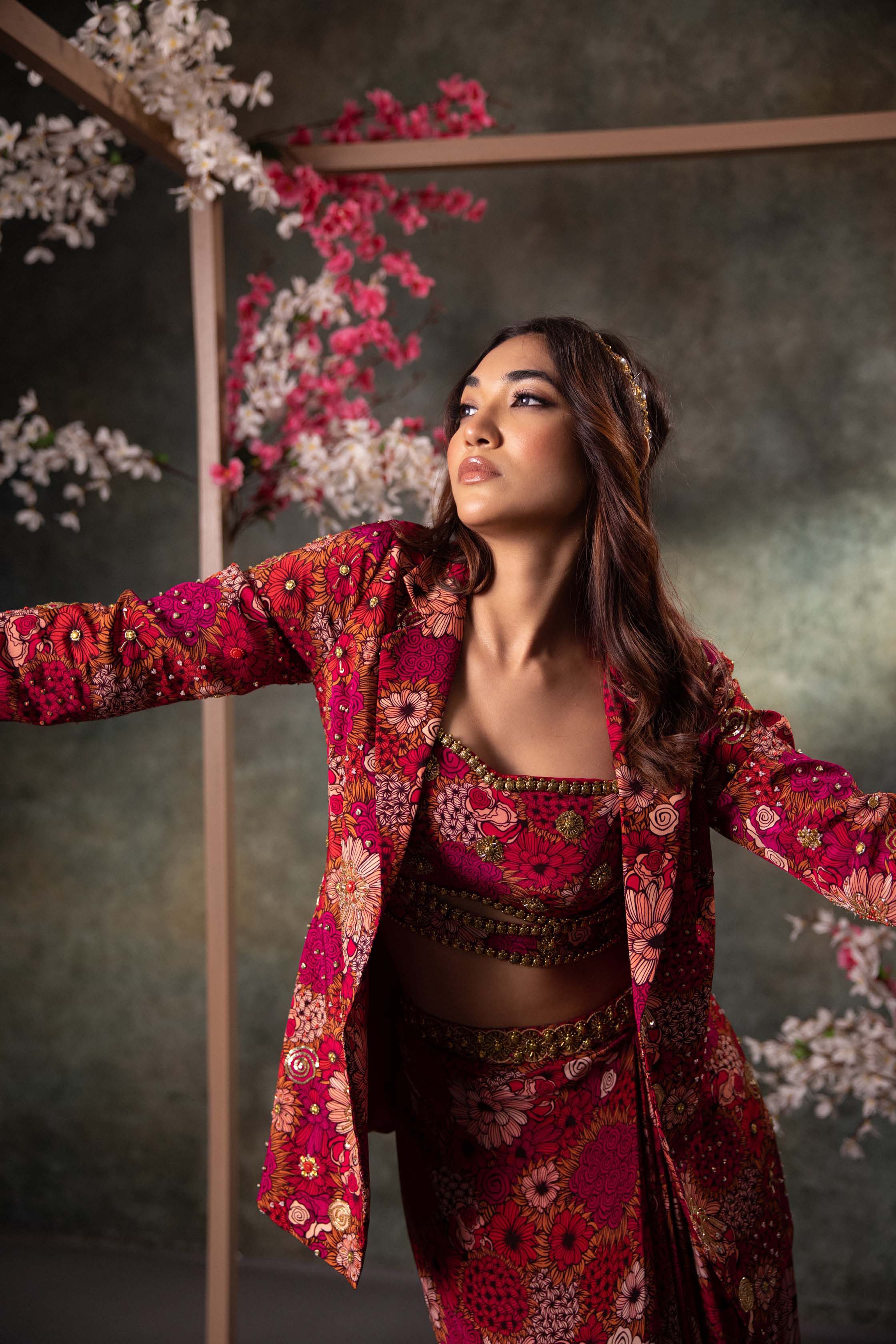 Pink Printed Choli, Skirt And Blazer Set With Embroidery - Image 2